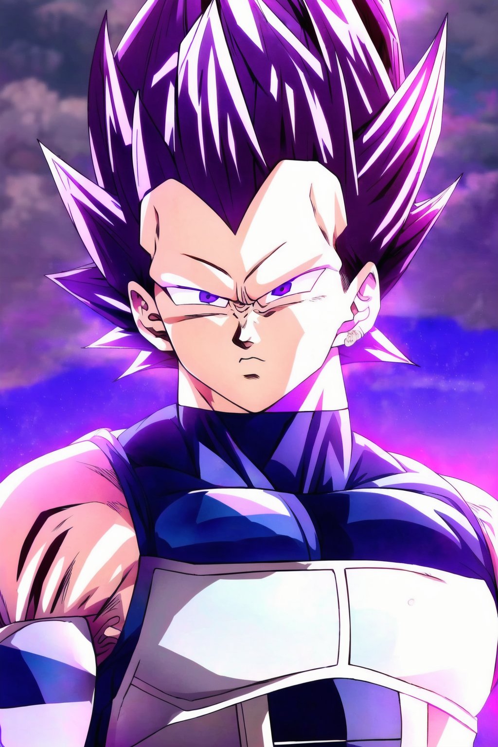 UE_vegeta, 1boy, male focus, muscles, purple hair, purple eyes, no eyebrows