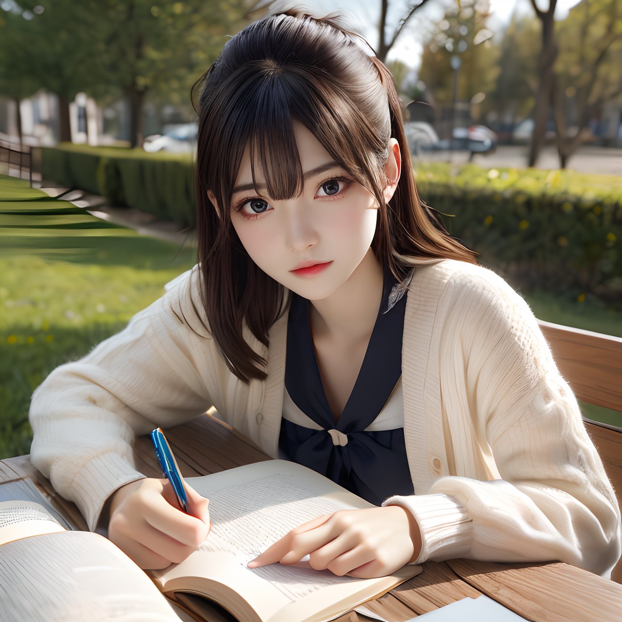 best quality,  ultra detailed 8k cg render,  masterpiece,  high resolution,  extremely detailed,  natural lighting, 1 girl,  A female student sits outdoors in the garden reading a book, (looking at viewer),  junior sister,<lora:EMS-258646-EMS:0.800000>,<lora:EMS-12225-EMS:-0.400000>