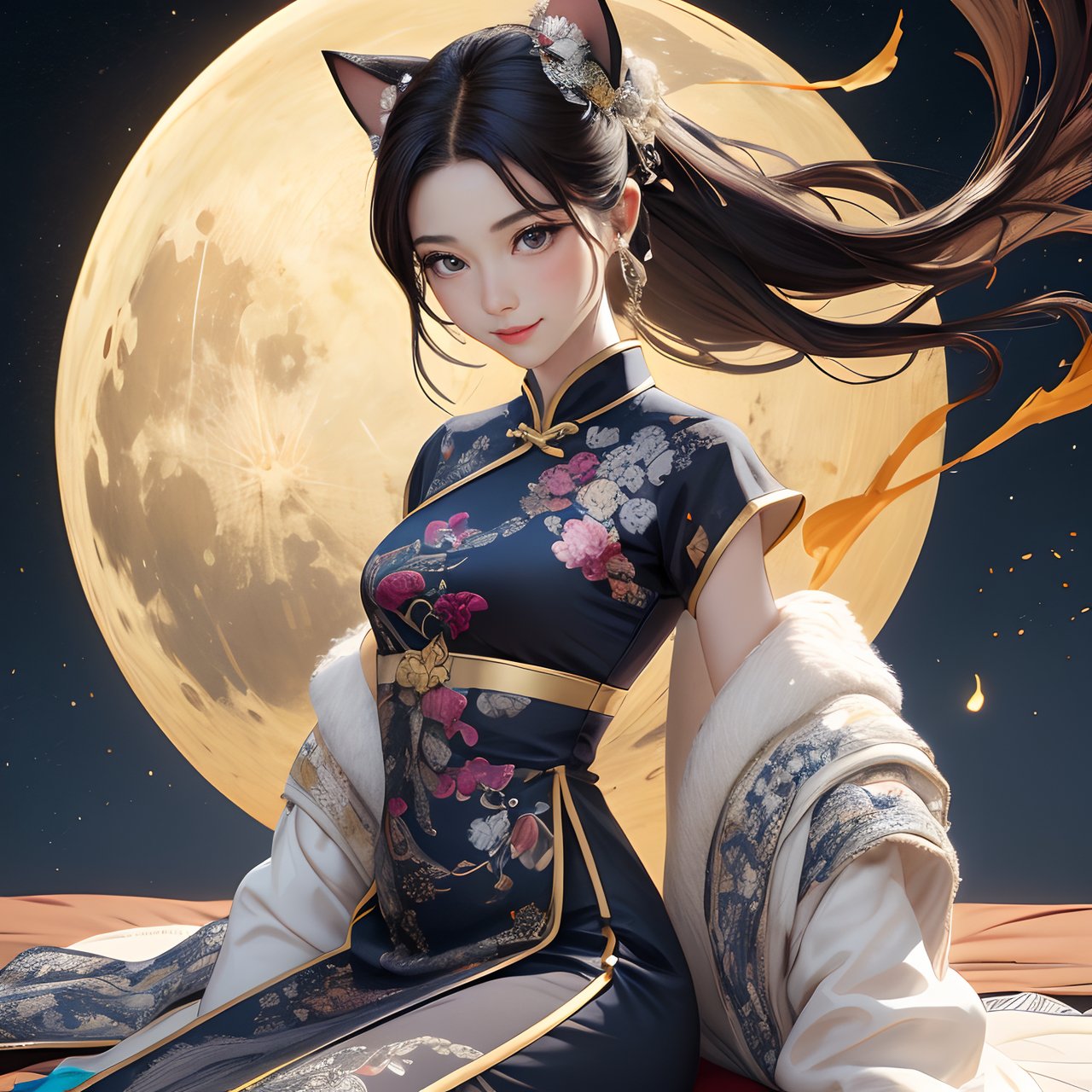 "Realistic style,  masterpiece,  top quality,  intricate,  8K,  HDR,  cinematic lighting,  precise details,  accurate human anatomy,  the entire body in the frame.A girl and a cat,  the girl wearing a black short dress with many traditional Chinese cultural patterns and designs,  such as motifs and paintings. The dress is natural/flowing/elegant,  with a genuine expression and a smile.They are seated on a large yellow crescent moon against a dark sky background,  adorned with numerous small star-shaped pixels.", junior sister, girl,  junior sister,<lora:EMS-12225-EMS:-0.400000>,<lora:EMS-258646-EMS:0.800000>