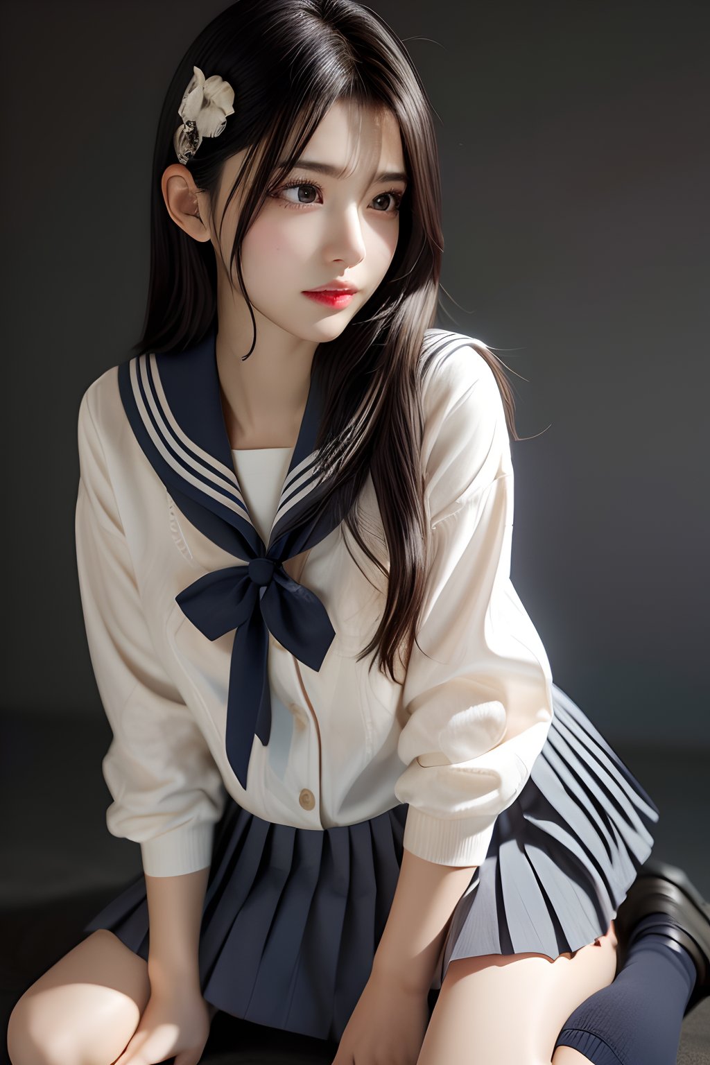 best quality,  (photo realistic:1.2),  detailed skin,  detailed face,  1girl,  low teen,  school girl,  (clear face:1.1),  school uniform,  pleated skirt,  laugh,  windy,  ,  (wearing clothes:1.3),  hair accessory,  black very long straight hair,  hime cut,  (black background,  dark background:1.2),  soft lighting,  atmospheric,  at midnight,  wet clothes,  kneeling,  leg,  ,  loose wearing,<lora:EMS-12225-EMS:-0.400000>,<lora:EMS-258646-EMS:0.800000>