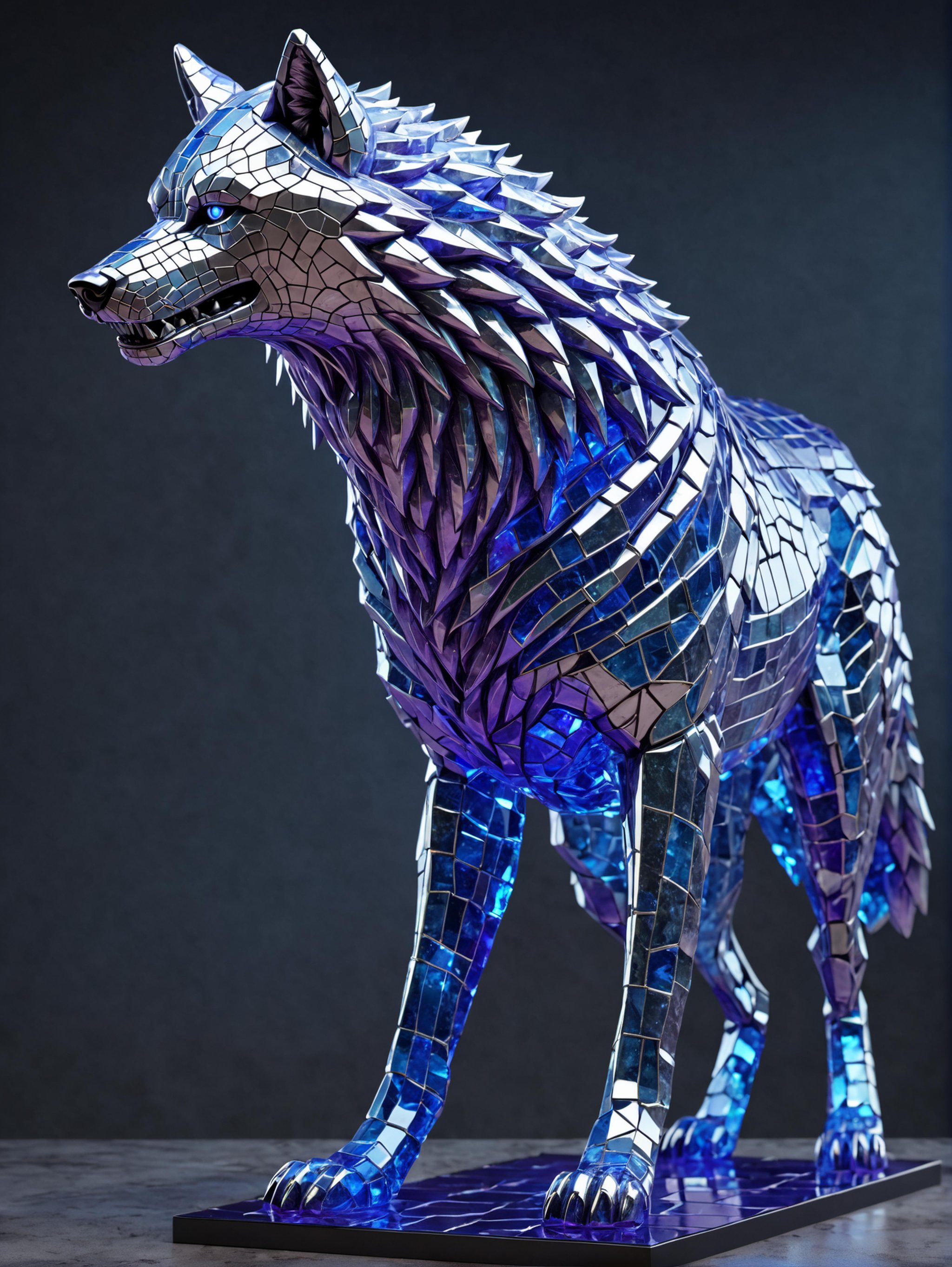 statue made of glowing crystal tiles,a standing wolf made completely of tiles, angry,  scifi, masterpiece, 3d tiles, 3d shadows, neon blue,silver, neon purple background , (masterpiece:1.2), best quality,cinematic pose (hyperdetailed, highest detailed:1.2), high resolution textures,   shards, glass, brocken glass, transparent glass, pieces of glass,