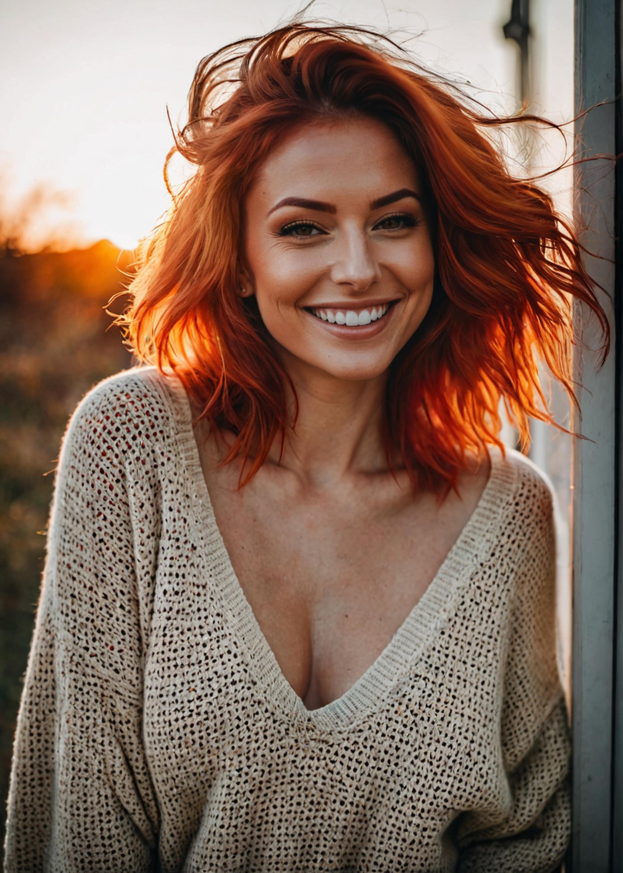 moody instagram photo,Ukrainian  woman, lower body photo of 32 years old woman, from below, dressed in long oversized sweater, teasing nudity, dirty fiery red hair, color gradient, bright tips of hair, sun-kissed skin, happy, cute smile, beautiful hazelnut eyes, hard shadows, dark, nighttime, overexposed filter, silhouetted against the bright light, Finely Articulated, Crisp Definition, 35mm photograph