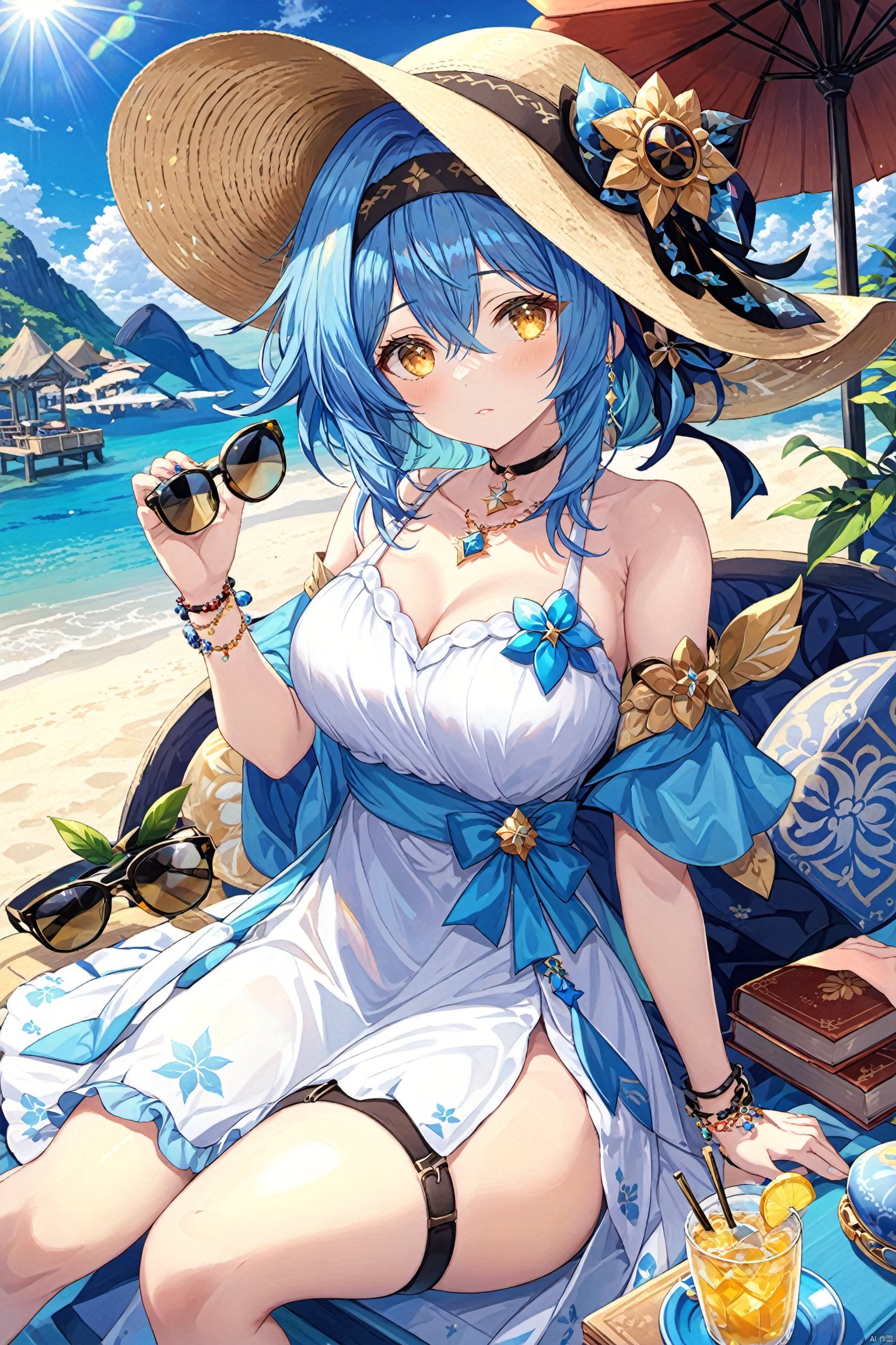  1girl,solo,breasts,looking at viewer,bangs,hat,dress,holding,jewelry,sitting,blue hair,yellow eyes,hairband,food,alternate costume,medium hair,necklace,white dress,bracelet,cup,book,thigh strap,sunglasses,black hairband,sun hat,eyewear removed,holding eyewear,eula \(genshin impact\)