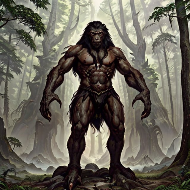 solo, a very tall human-like creature, long dark hair, nred eyes, long arms that nearly touch the ground, huge talons at ends of arms, giant feet that are on backwards, dynamic ape pose, detailed forest background, wildness setting, 8k, ,<lora:659111690174031528:1.0>