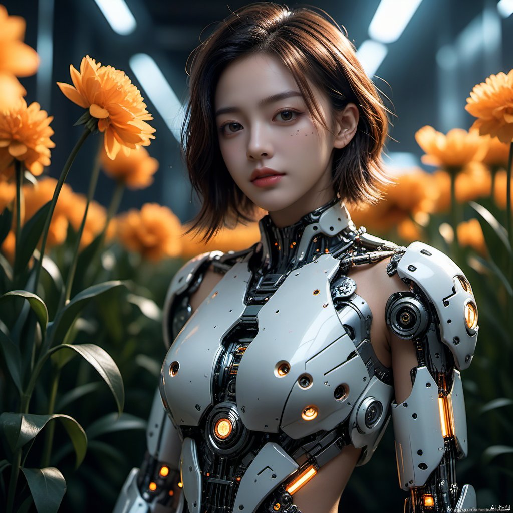  1girl,(in the flowers:1.3),dramaticlighting.(((cyborg))).blouse,((leaningforward)),bestquality,masterpiece,anextremelydelicateandbeautiful,unity,8kwallpaper,finelydetail,masterpiece,bestquality,officialart,hugefilesize,ultra-detailed,highres,extremelydetailed,beautifuldetailedgirl,extremelydetailedeyesandface,beautifuldetailedeyes,lightonface,.fullbody,cyborg,mecha,