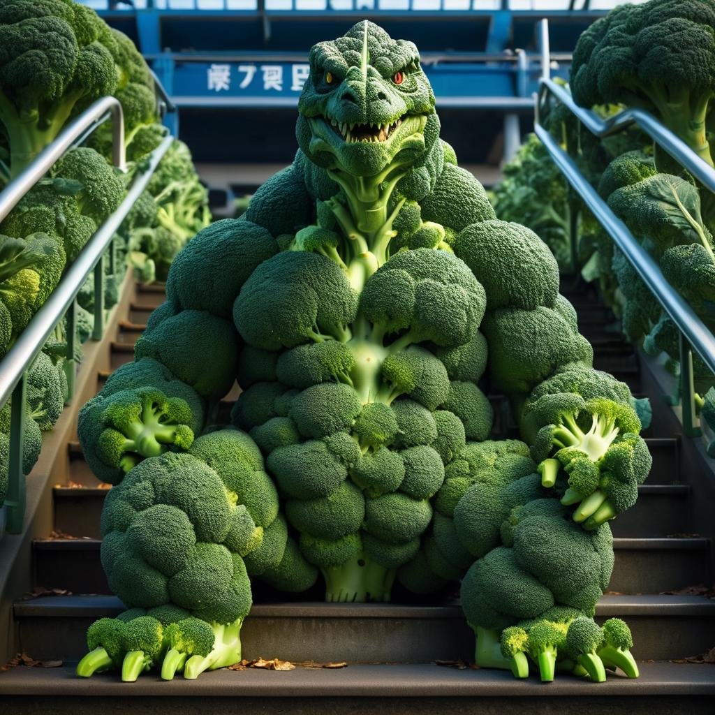 masterpiece, best quality,godzilla made out of broccoli<lora:brccl:0.75>  on stair of japanese train station, (high detailed skin:), 8k uhd, dslr, soft lighting, high quality, film grain, Fujifilm XT3