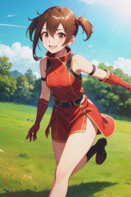 (Photo:1.3), highdetail, , Silica_ALO, solo, smile, running, grass, red dress, (acclaimed, alluring, captivating, exciting, gorgeous, striking:1.3), beautiful, (highly detailed, high quality:1.3)