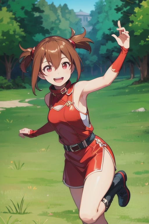 (Photo:1.3), highdetail, , Silica_ALO, solo, smile, running, grass, red dress, (acclaimed, alluring, captivating, exciting, gorgeous, striking:1.3), beautiful, (highly detailed, high quality:1.3)