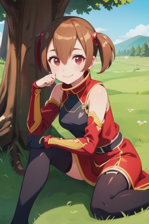(Photo:1.3), highdetail, , Silica_ALO, solo, smile, sitting, head rest, grass, red dress, (acclaimed, alluring, captivating, exciting, gorgeous, striking:1.3), beautiful, (highly detailed, high quality:1.3)