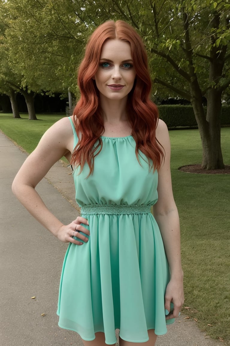 woman, standing, bright green dress, red hair, light makeup, beautiful hair, long hair, looking at viewer, 30 years old