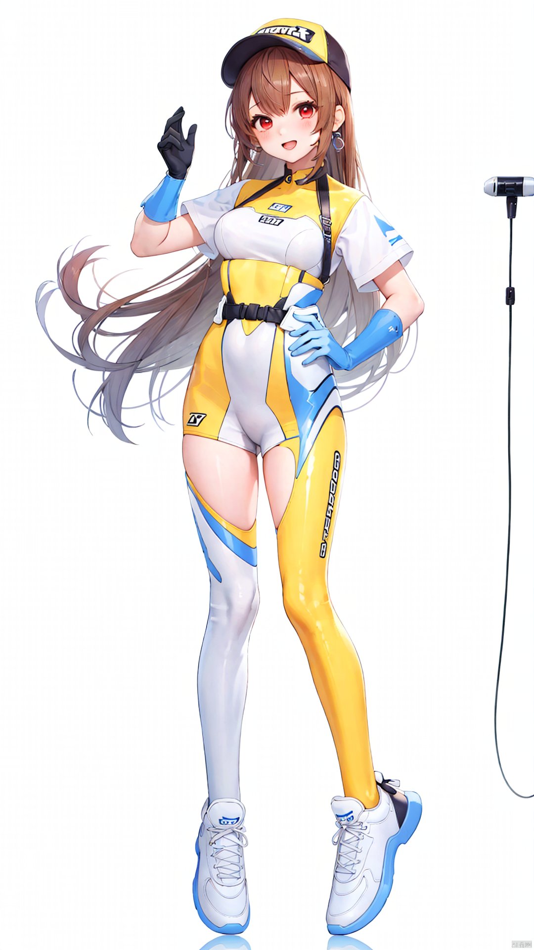 xiaojuzi, 1girl, solo, red eyes, smile, bangs, long hair, baseball cap, black gloves, blush, brown hair, eyebrows visible through hair, gloves, hat, holding, leggings, looking at viewer, open mouth, shoes, short sleeves, sneakers, thighhighs, thighs, white footwear, white headwear, yellow headwear, yellow legwear, Yellow bodysuit