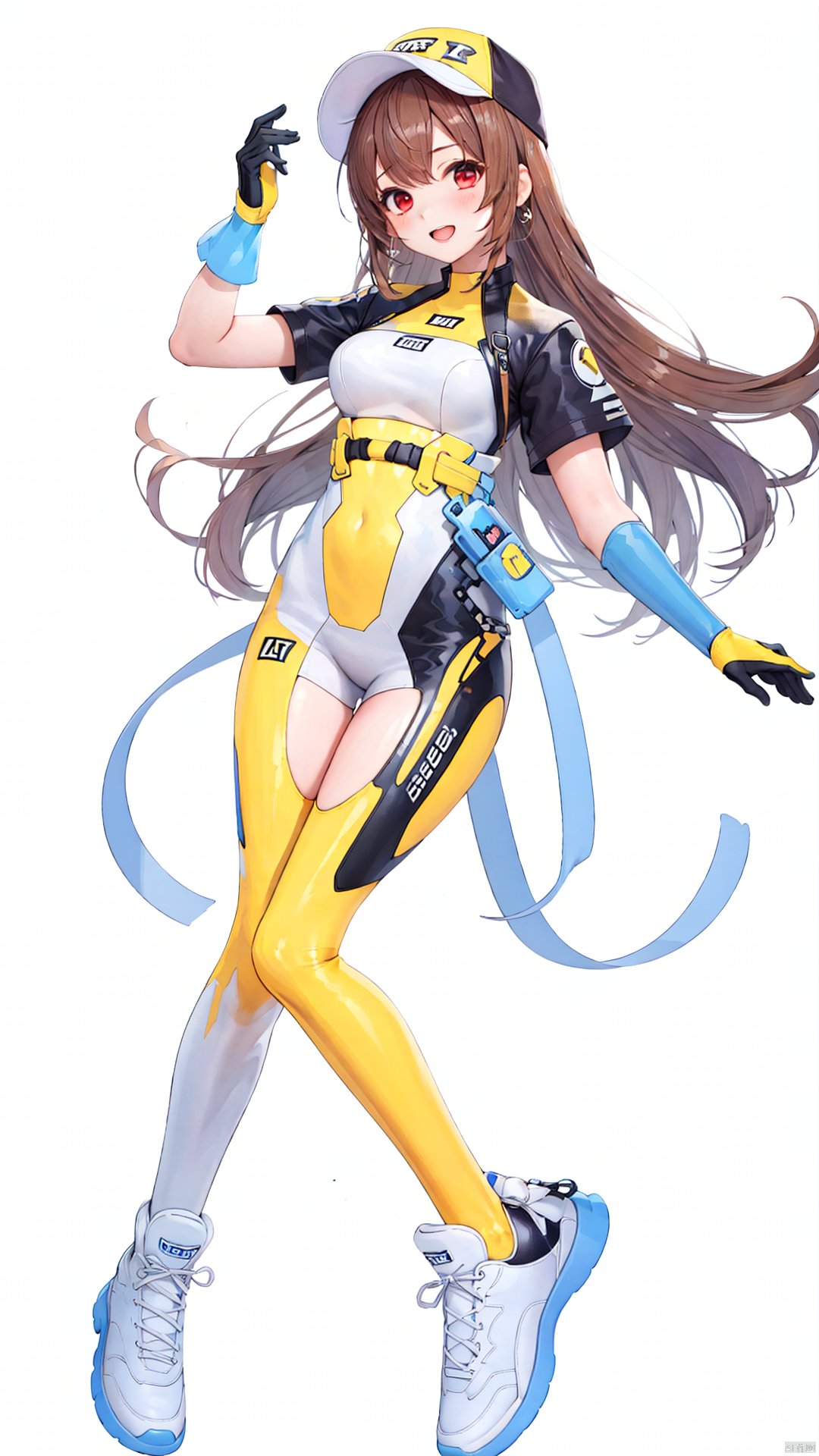 xiaojuzi, 1girl, solo, red eyes, smile, bangs, long hair, baseball cap, black gloves, blush, brown hair, eyebrows visible through hair, gloves, hat, holding, leggings, looking at viewer, open mouth, shoes, short sleeves, sneakers, thighhighs, thighs, white footwear, white headwear, yellow headwear, yellow legwear, Yellow bodysuit