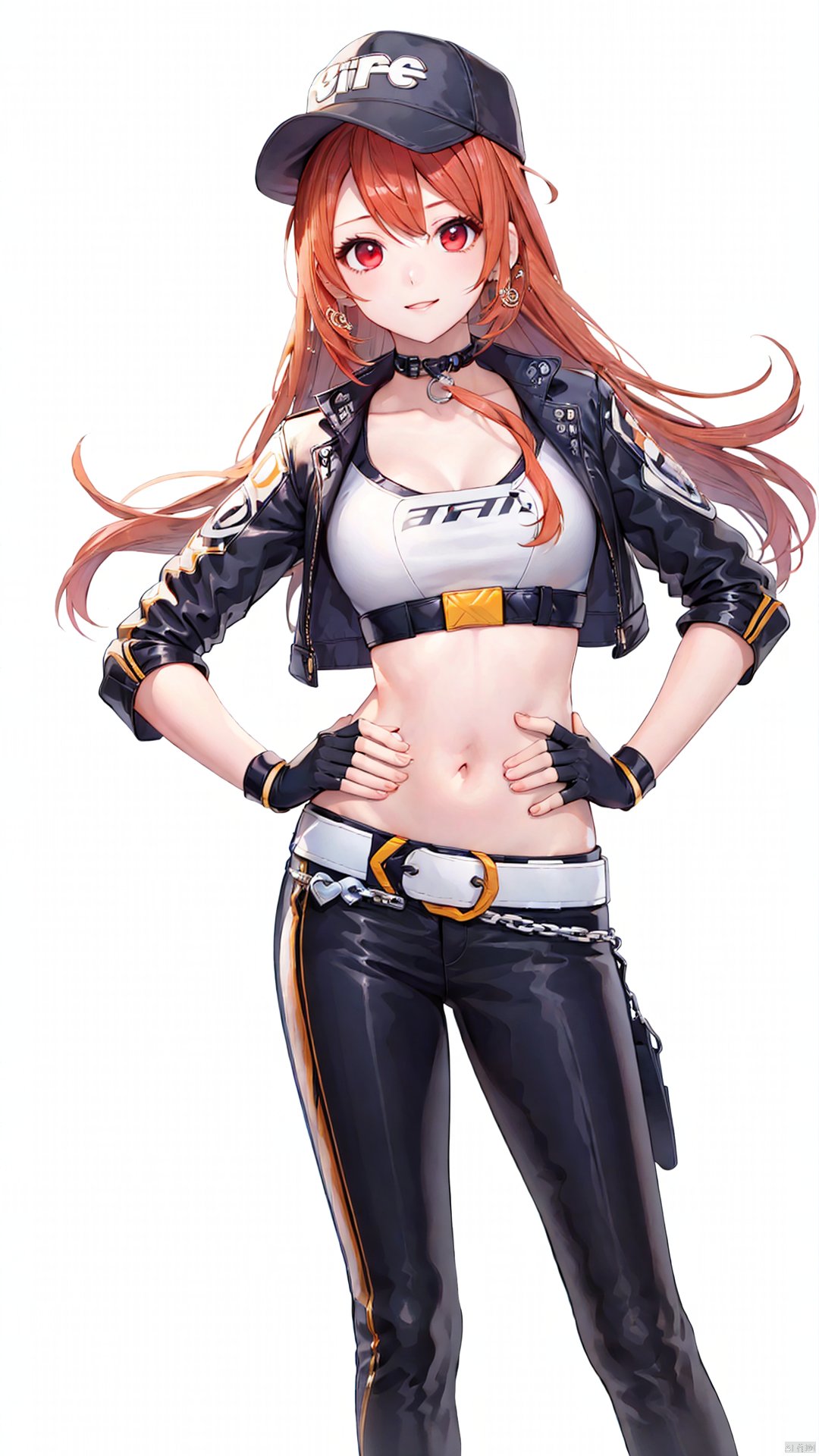 xiaojuzi, 1girl, solo, red eyes, long hair, brown hair, smile, baseball cap, belt, black gloves, black pants, medium breasts, choker, fingerless gloves, gloves, hand on hip, hands on hips, hat, jacket, leather, looking at viewer, midriff, navel, pants,