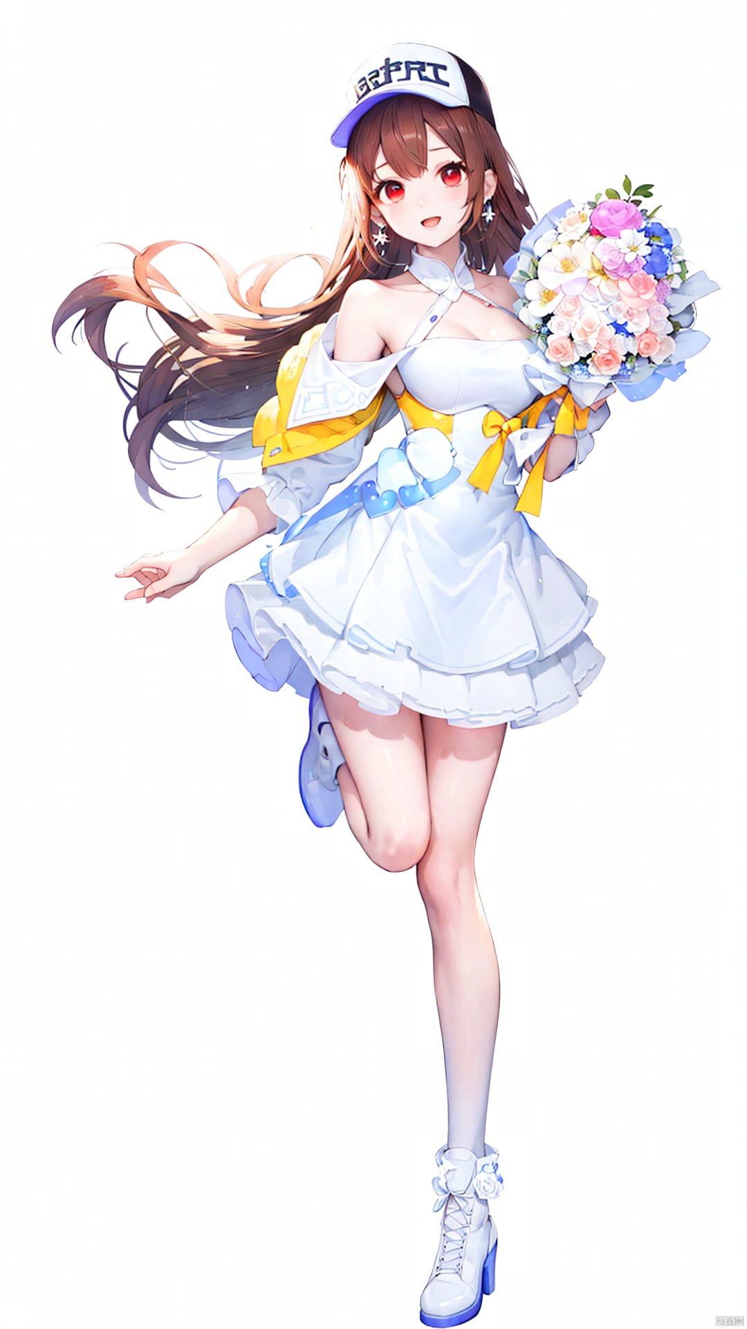 xiaojuzi, 1girl, solo, red eyes, long hair, brown hair, bangs, smile, bare shoulders, bouquet, brown hair, dress, earrings, flower, hat, high heels, holding, holding bouquet, jacket, jewelry, leg up, off shoulder, open mouth, pink flower, red eyes, rose, shoes, visor cap, white dress, white flower, white footwear, white headwear, white jacket, white rose, yellow flower, standing, standing on one leg, full body,looking at viewer,