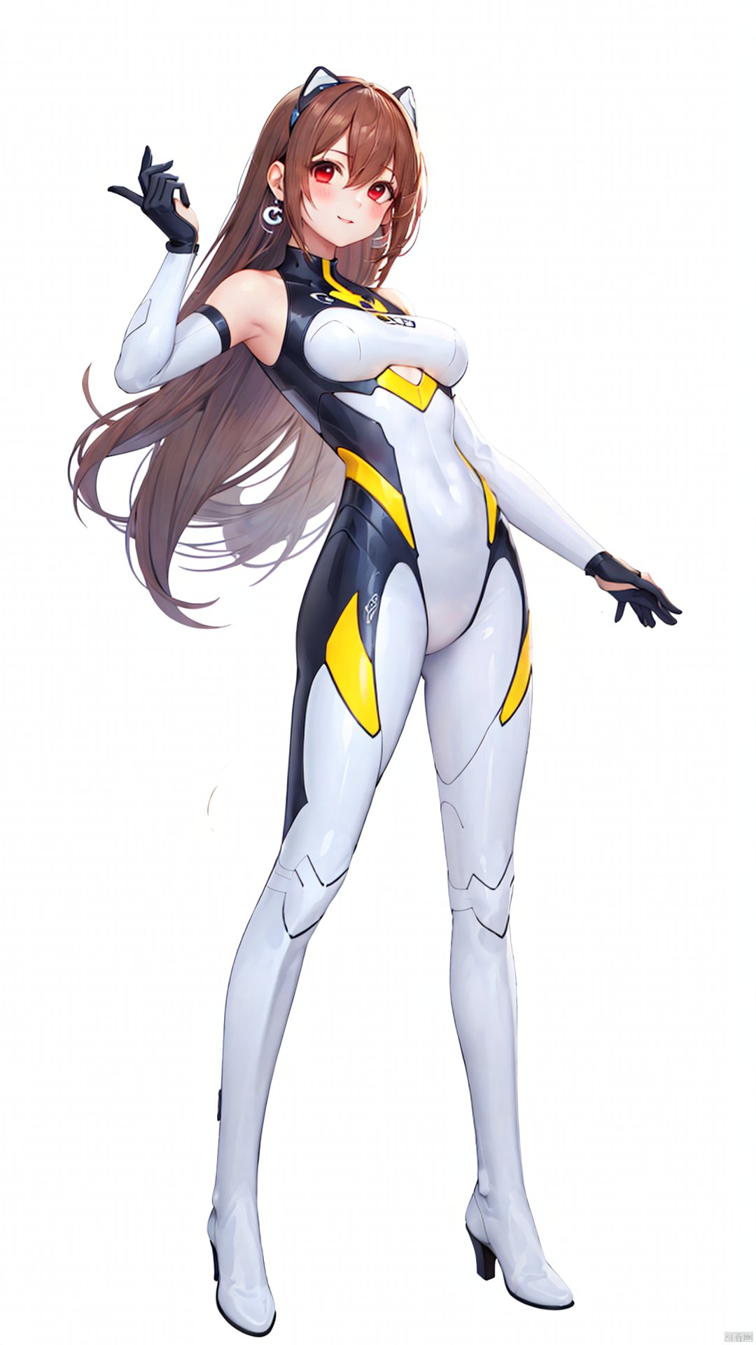 xiaojuzi, 1girl, solo, red eyes, long hair, brown hair, bangs, smile,

arched back, armpits, ass, blush, bodysuit, breasts, brown hair, clothes writing, eyebrows visible through hair, gloves, hair between eyes, looking at viewer, looking back, pilot suit, plugsuit, skin tight, standing, very long hair, silver bodysuit,