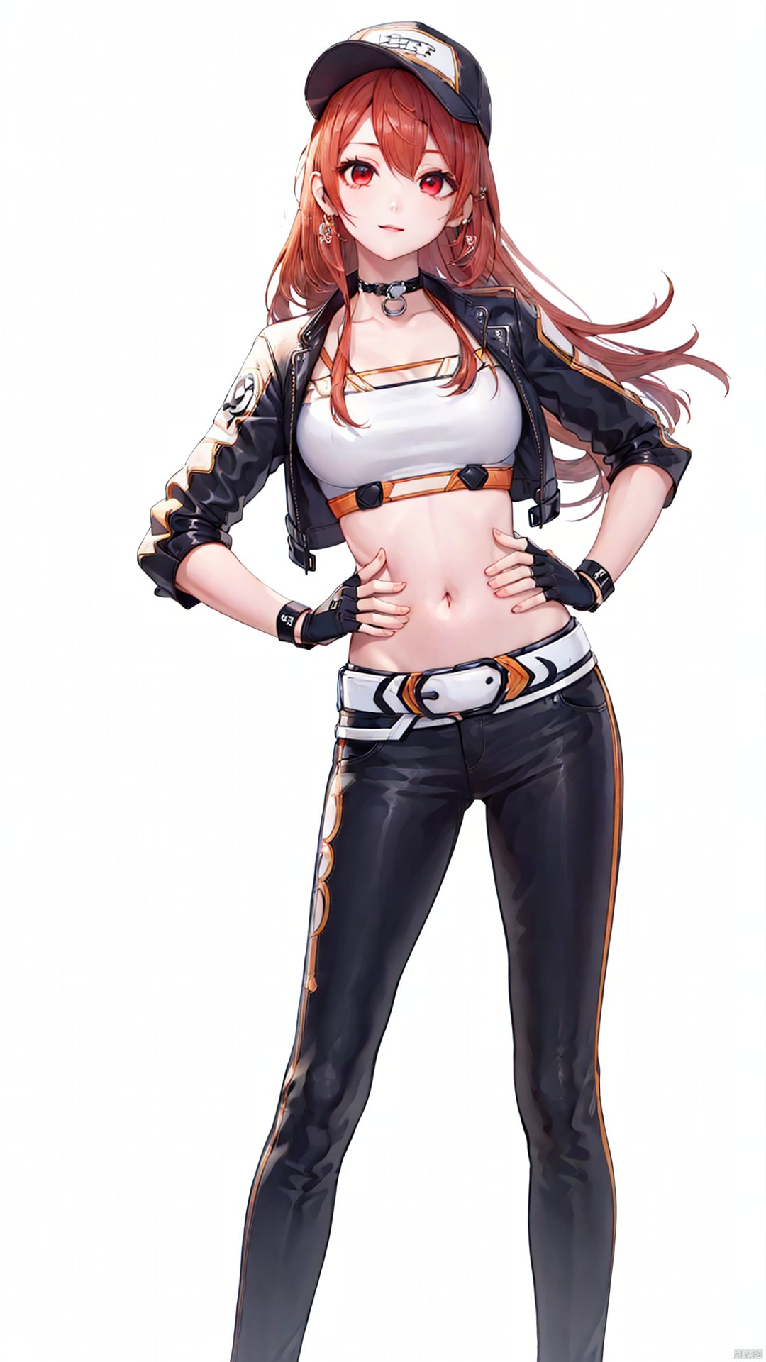 xiaojuzi, 1girl, solo, red eyes, long hair, brown hair, smile, baseball cap, belt, black gloves, black pants, medium breasts, choker, fingerless gloves, gloves, hand on hip, hands on hips, hat, jacket, leather, looking at viewer, midriff, navel, pants,