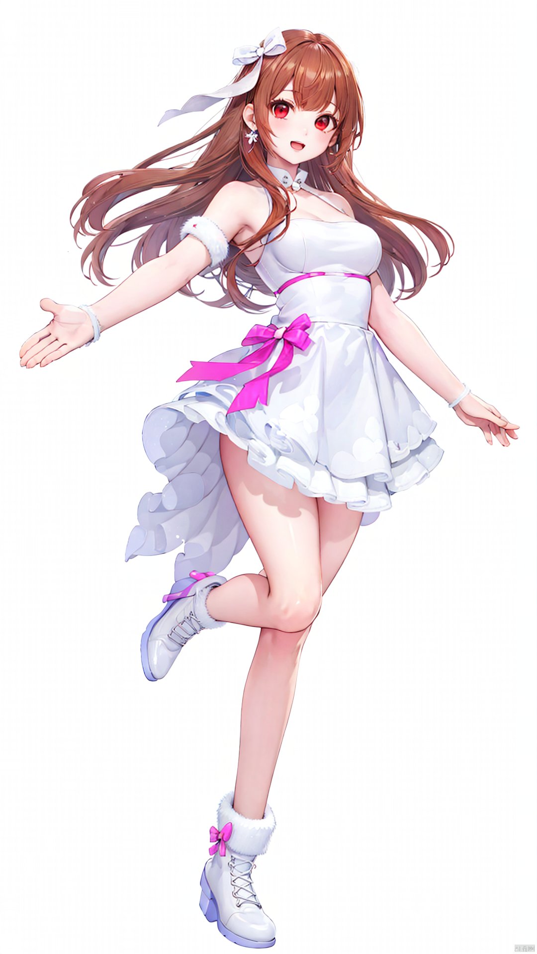 xiaojuzi, 1girl, solo, red eyes, long hair, brown hair, bangs, smile, armpits, bare shoulders, boots, bow, dress, floating hair, fur-trimmed boots, fur-trimmed dress, fur boots, fur collar, fur trim, hair ribbon, ice skates, jewelry, looking at viewer, medium breasts, open mouth, outstretched arm, outstretched arms, pink ribbon, ribbon, short dress, sideboob, skirt, sleeveless, v, white dress, white footwear, white ribbon, standing, standing on one leg,