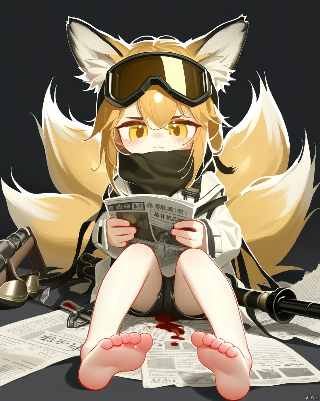  tianliang duohe fangdongye,tianliang duohe fangdongye,1girl,absurdres,animal_ears,arknights,asymmetrical_pants,barefoot,black_scarf,blood,child,crowbar,feet,foot_focus,foreshortening,fox_ears,fox_girl,fox_tail,goggles,goggles_on_head,gun,highres,holding,holding_weapon,legs_together,multiple_tails,newspaper,official_alternate_costume,on_ground,scarf,shell_casing,sitting,soles,solo,suzuran_(arknights),suzuran_(lostlands_flowering)_(arknights),tail,tianliang_duohe_fangdongye,toes,tooth,weapon