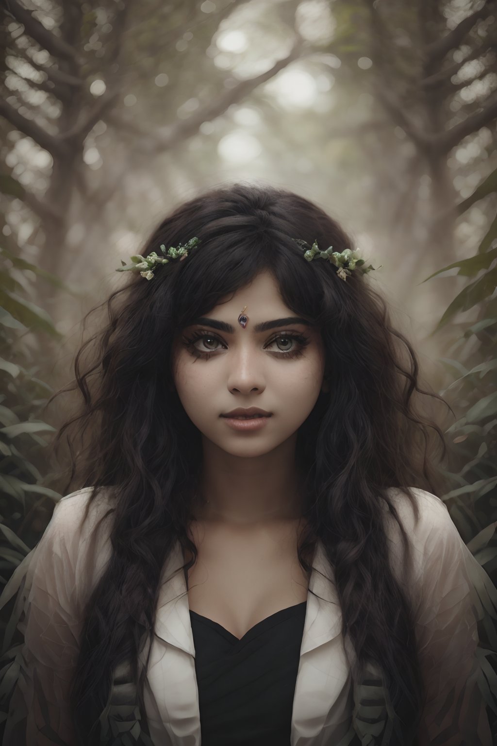 Mallu girl, Generate hyper realistic image of a darkened faerie being metamorph monster morphing within an enchanted thicket. Explore the mystical and mysterious atmosphere as the creature transforms, surrounded by magical flora.,Mallu curly hair,Heterochromia girl