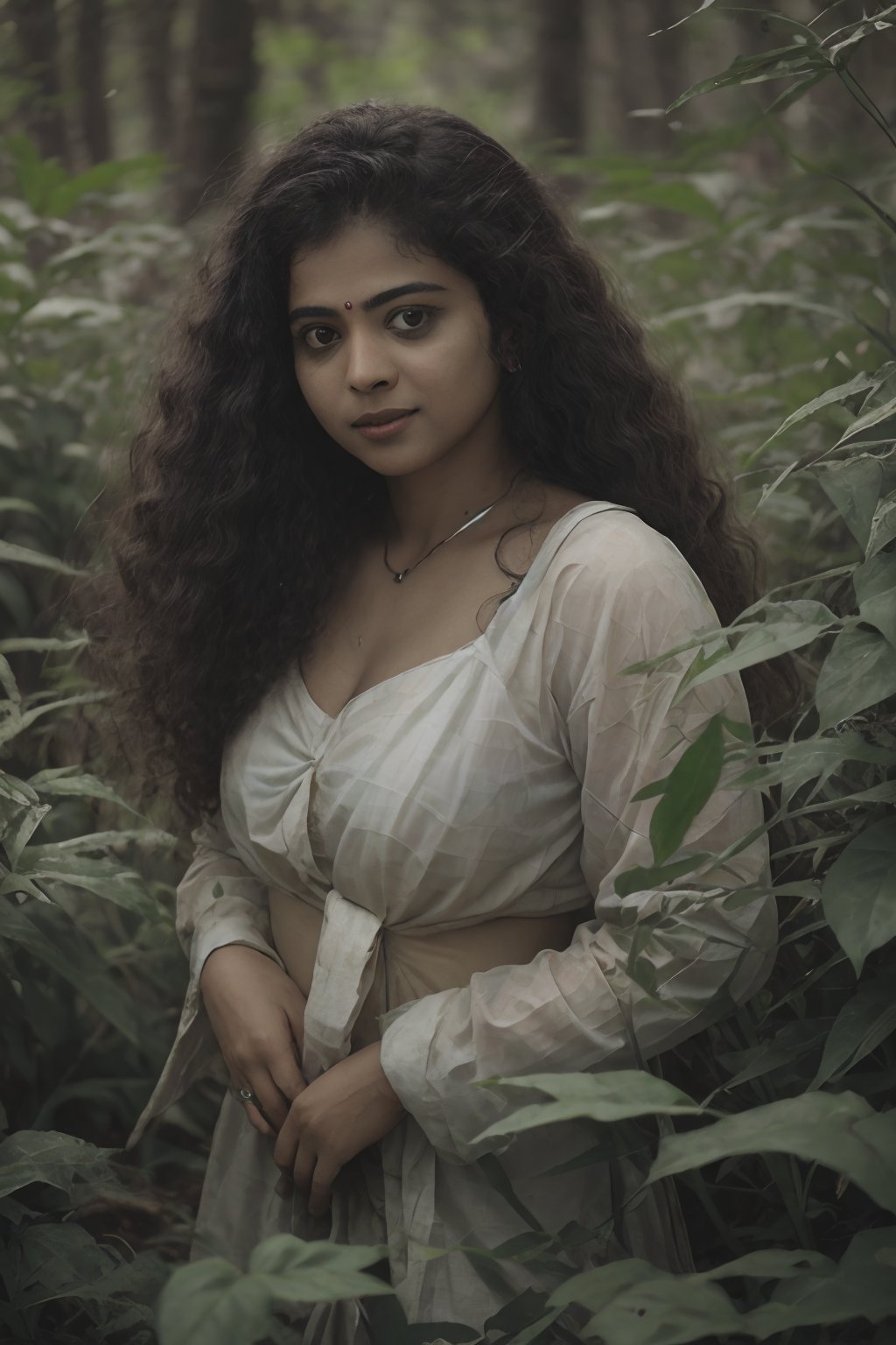 Mallu girl, Generate hyper realistic image of a darkened faerie being metamorph monster morphing within an enchanted thicket. Explore the mystical and mysterious atmosphere as the creature transforms, surrounded by magical flora.,NylaUsha,Mallu curly hair