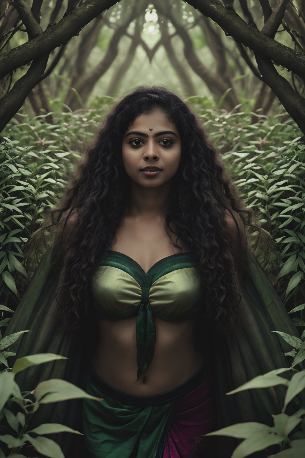 Mallu girl, Generate hyper realistic image of a darkened faerie being metamorph monster morphing within an enchanted thicket. Explore the mystical and mysterious atmosphere as the creature transforms, surrounded by magical flora.,NylaUsha,Mallu curly hair