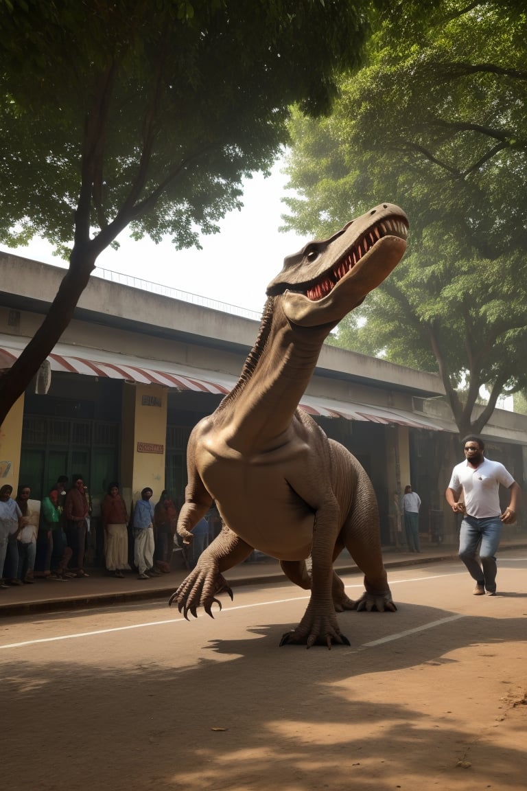 A t rex running on Thrissur city, Realistic 4k, dinosour , details, ,Thrissur,photorealistic