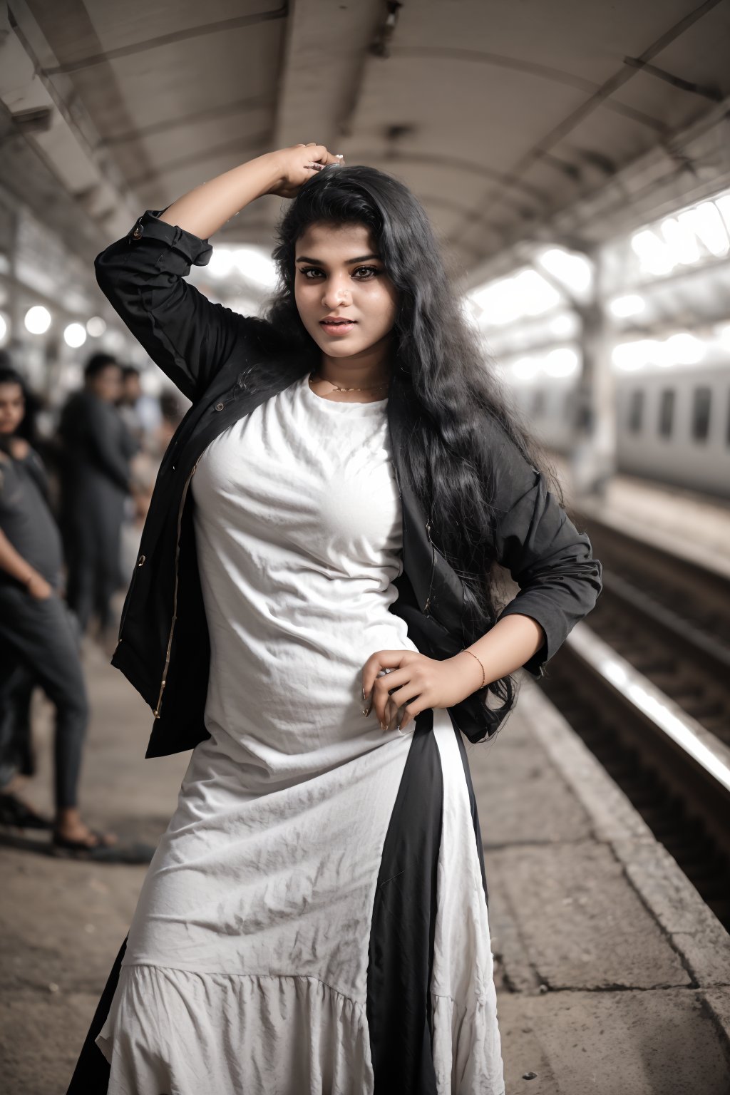 (Thrissur:1.3), ((modern fashion design dress))(city, railway station, railway track, busy people), Raw photo of (25yo Kerala Beautiful young woman:1.1) (best quality, highres, ultra-detailed:1.2), vibrant colors, glowing dimond, glowing eyes, realistic Raw photo, realistic lighting,  exotic beauty, mesmerizing eyes, girl ,Thrissur,Sexy Pose,Styles Pose,1woman,REALISTIC,1 girl,28yo girl 