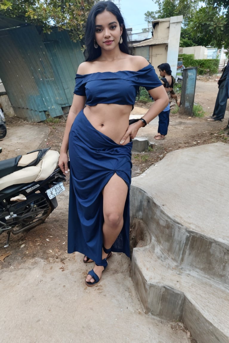 1girl, mallu, solo, long hair, skirt, black hair, navel, jewelry, standing, full body, earrings, outdoors, midriff, off shoulder, crop top, sandals, , long skirt, realistic, off-shoulder shirt,Thrissur