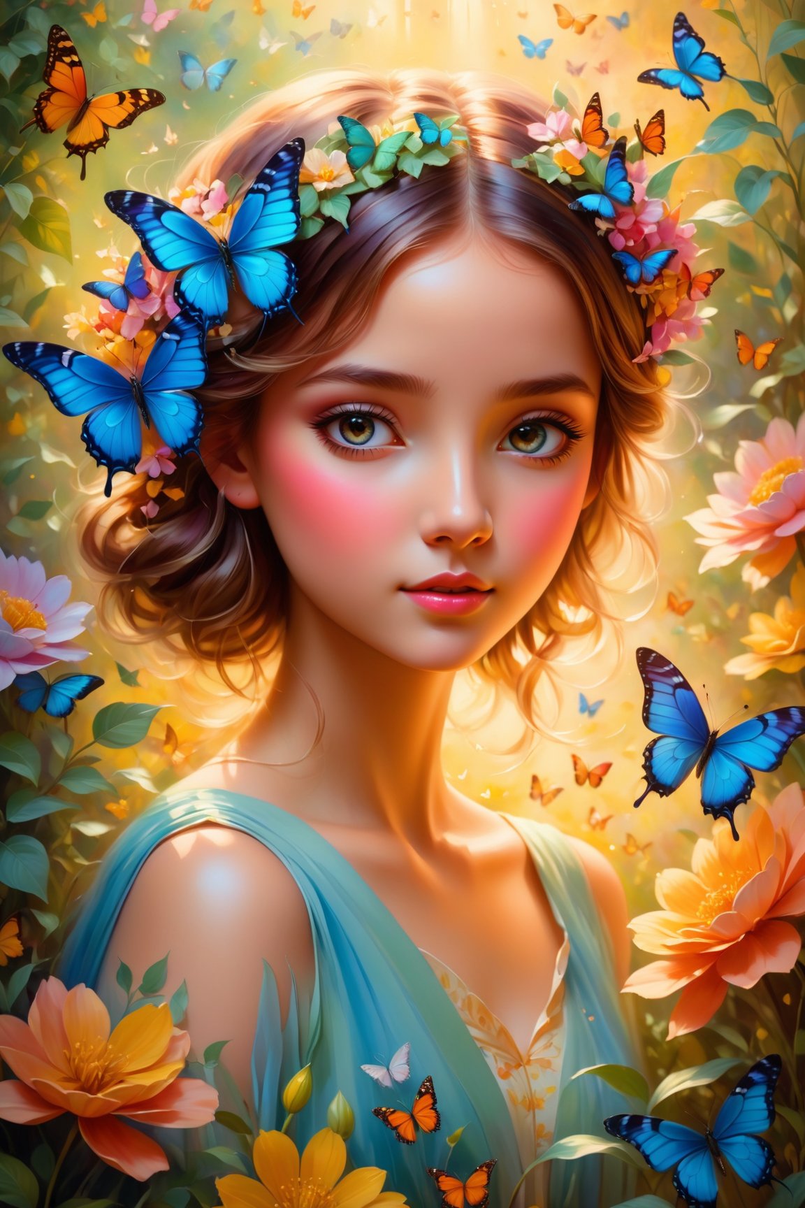 Girl with a butterfly head, surrounded by a colorful garden, soft and soothing colors, vibrant flowers, butterflies flying around, gentle sunlight, dreamlike atmosphere, detailed and realistic features, smooth brushstrokes, oil painting medium, high-quality and high-resolution, magical and surreal style, captivating and imaginative scene, happy and peaceful mood, intricate patterns on the butterfly wings, delicate petals and leaves, harmonious composition, ethereal and enchanting ambiance, the girl's serene expression, capturing the viewer's attention, a masterpiece that evokes emotions and sparks creativity. (best quality, 4k, highres, masterpiece:1.2), ultra-detailed, realistic:1.37, oil painting, vibrant colors, soft lighting, enchanting garden, magical butterfly