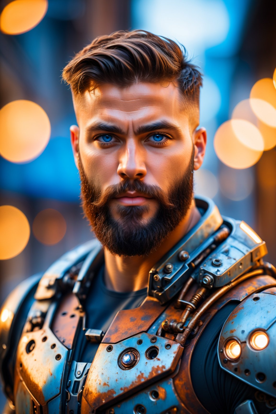 Portrait photo of muscular bearded guy in a worn mech suit, ((light bokeh)), intricate, (steel metal [rust]), elegant, sharp focus, photo by greg rutkowski, soft lighting, vibrant colors, (masterpiece), ((streets)), (detailed face:1.2), (glowing blue eyes:1.1)
