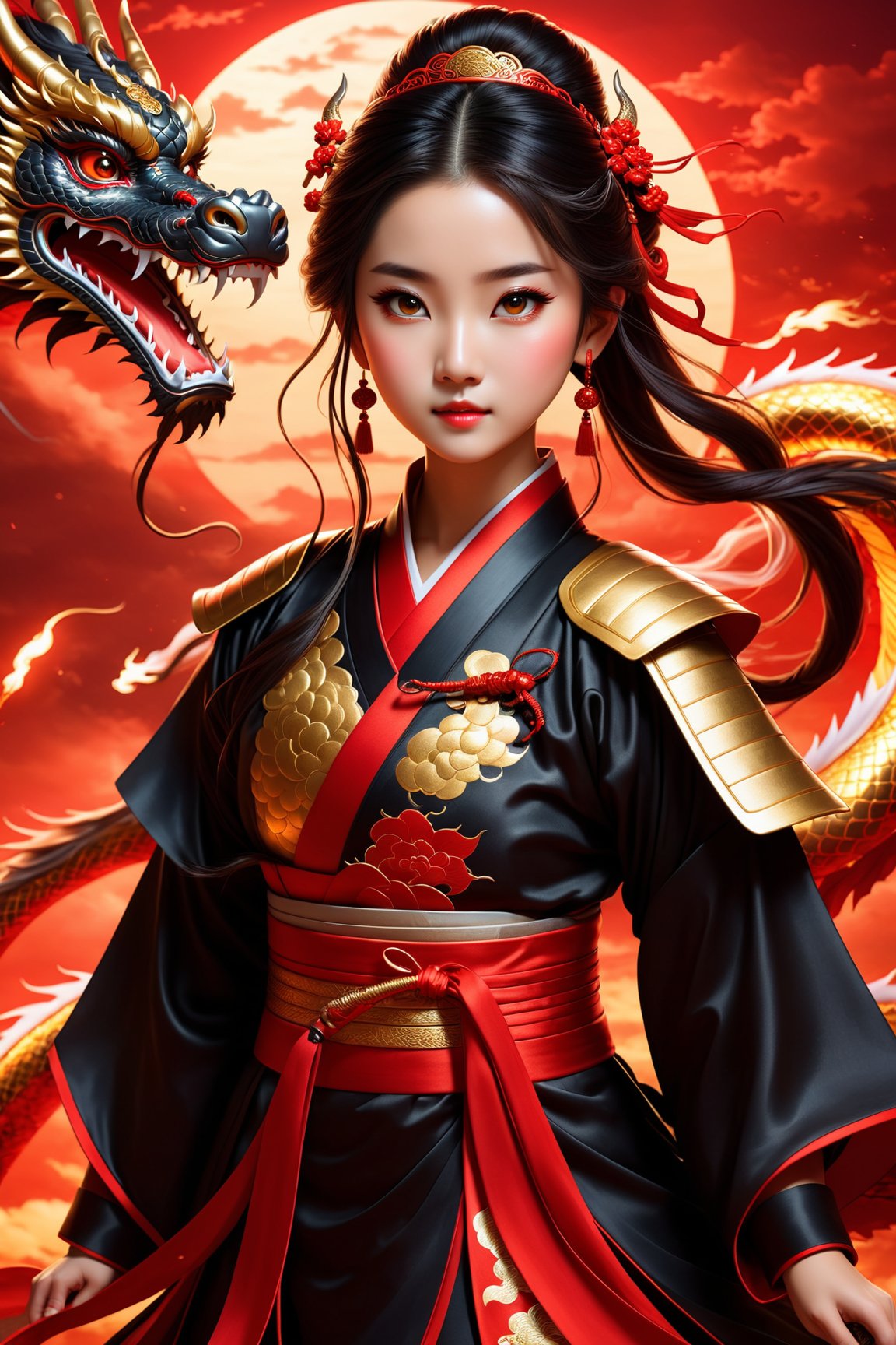 masterpiece, top quality, best quality, official art, beautiful and aesthetic:1.2), (1girl:1.3), hanfu fashion, chinese dragon, eastern dragon, golden line, (black and red theme:1.6), volumetric lighting, ultra-high quality, photorealistic, lightning sky background, great sword, angel