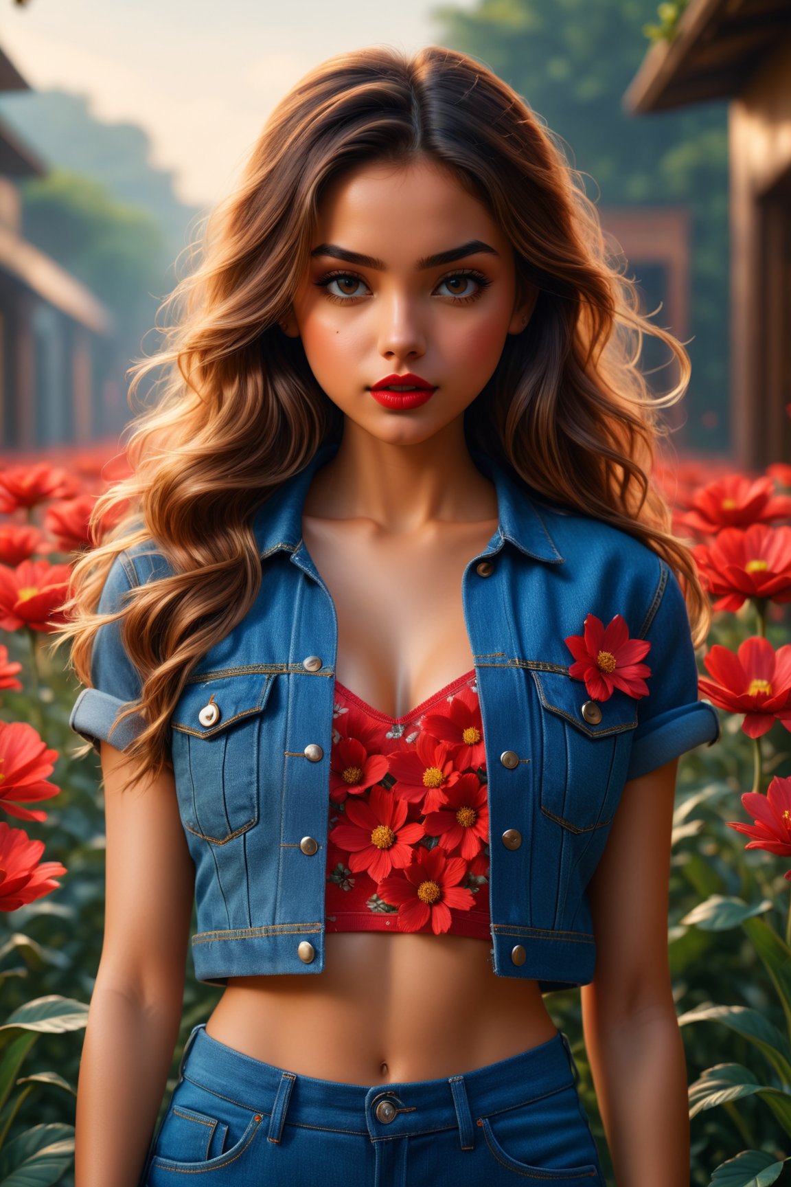 (best quality,4k,8k,highres,masterpiece:1.2),ultra-detailed,(realistic,photorealistic,photo-realistic:1.37),cinematic film still,Raw Photo of 1girl,blurry,denim,flower,hair_flower,hair_ornament,lips,long_hair,looking_at_viewer,midriff,navel,red_flower,shorts,solo,gorgeous,film grain