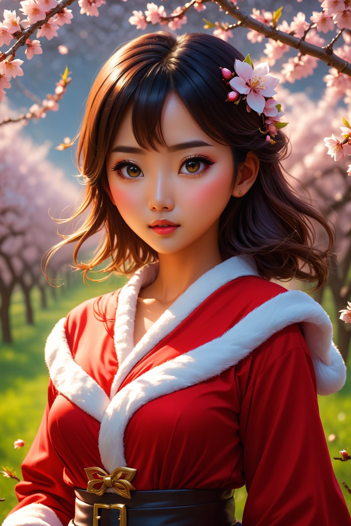 (masterpiece, top quality, best quality, official art, beautiful and aesthetic:1.2), (executoner), extreme detailed,colorful,highest detailed ((ultra-detailed)), (highly detailed CG illustration), ((an extremely delicate and beautiful)),(),cinematic light,((1 girl , wear santa costume)),solo,half body,in a field of almond tree,blossom , very_high_resolution, eye angle view, ,sexy asian,dashataran