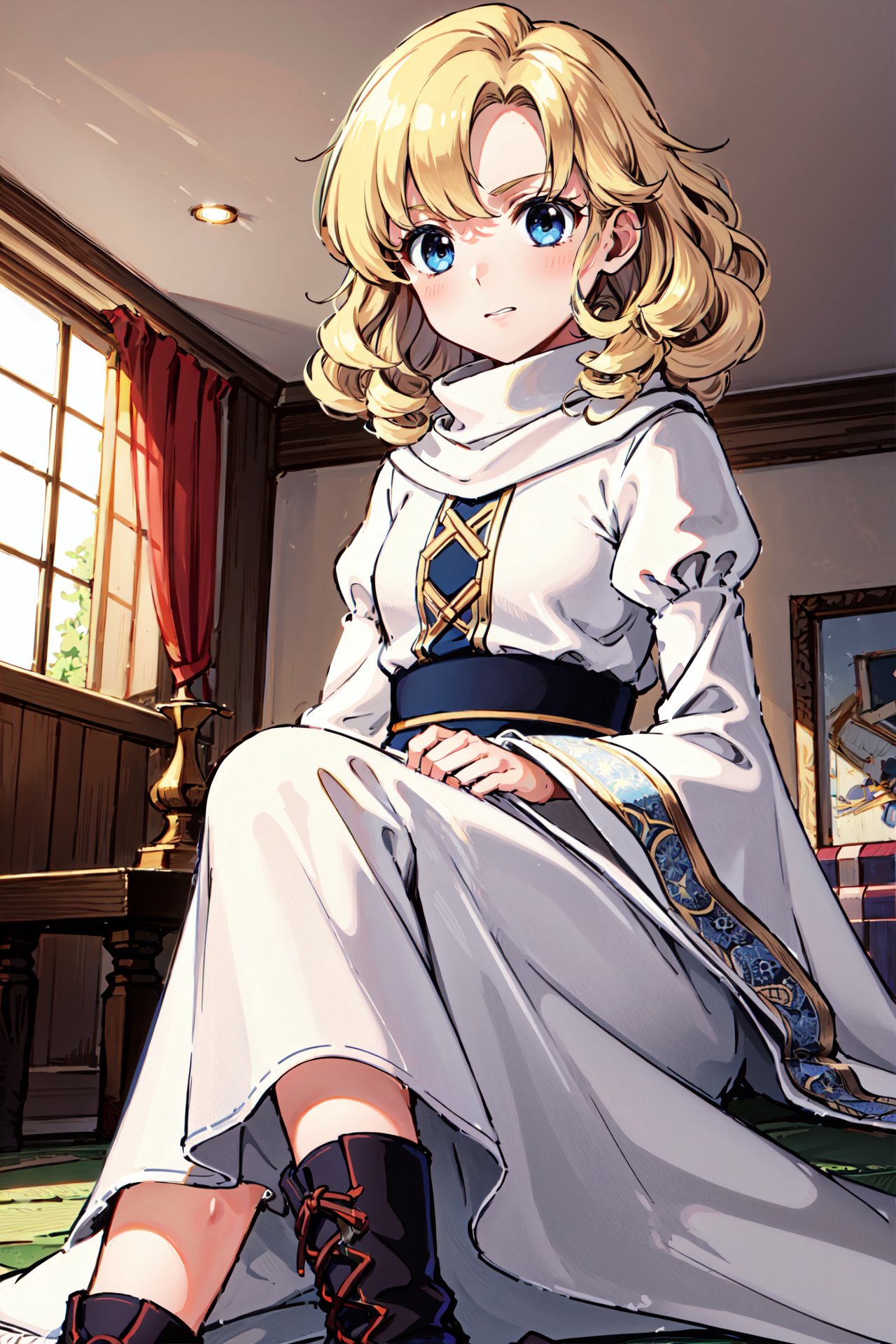 reclining,ceiling,panicking,child,<lora:yuliyaV2:0.9>, yuliya, wavy hair,curly hair,boots, white robe,,wide sleeves,turtleneck,indoors,(masterpiece, best quality, ultra-detailed, best shadow)