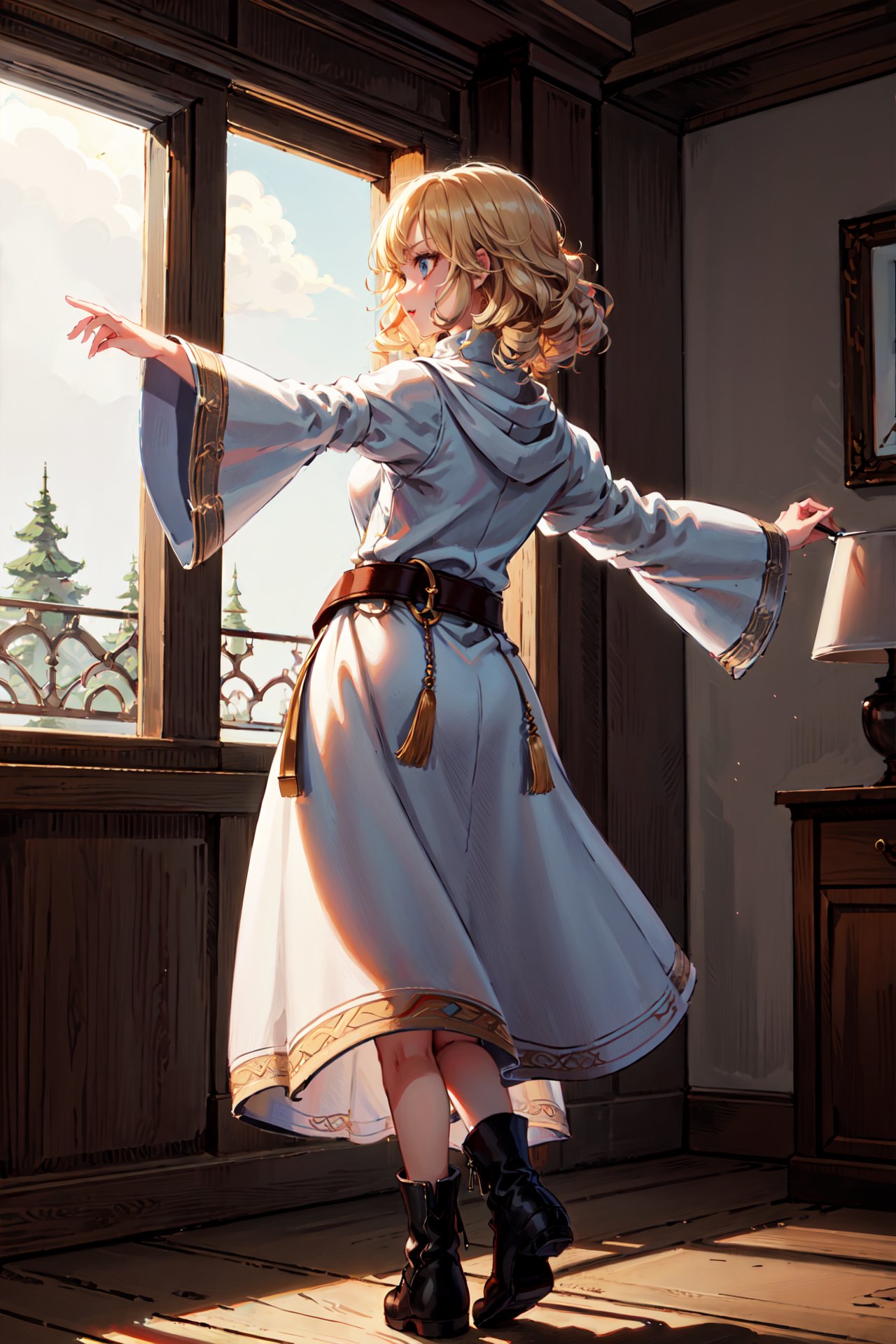 spread arms,from behind,determined,child,<lora:yuliyaV2:0.9>, yuliya, wavy hair,curly hair,boots, white robe,,wide sleeves,turtleneck,indoors,(masterpiece, best quality, ultra-detailed, best shadow)