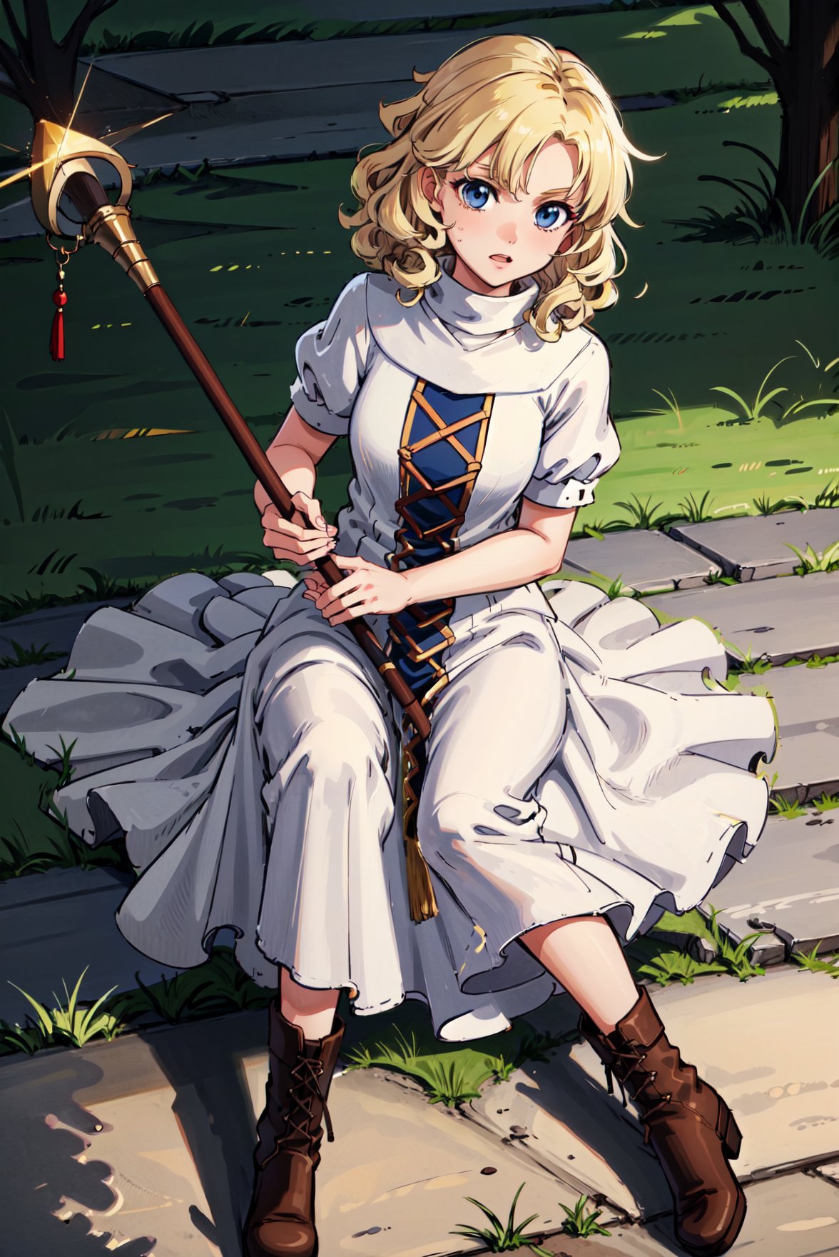 holding staff,shine,magic,<lora:yuliyaV2:0.95>, yuliya, wavy hair,curly hair,boots,  dress, short sleeves,turtleneck,white robe,outdoors,(masterpiece, best quality, ultra-detailed, best shadow) 