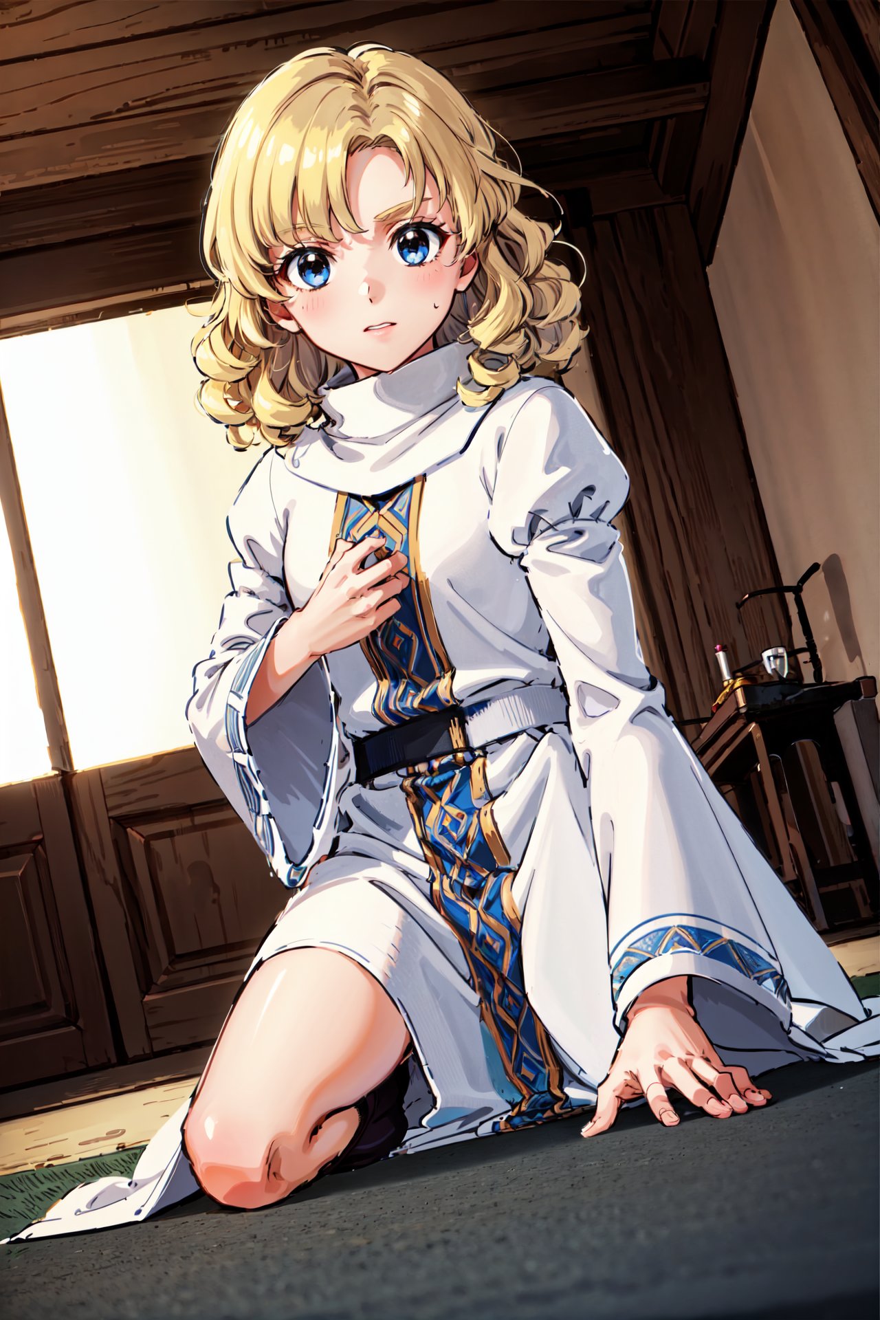 crawling,cinematic angle,wince,child,<lora:yuliyaV2:0.9>, yuliya, wavy hair,curly hair,boots, white robe,,wide sleeves,turtleneck,indoors,(masterpiece, best quality, ultra-detailed, best shadow)