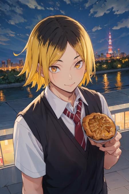 1boy, (masterpiece, top quality, best quality), upper body, <lora:kenmav2:0.9>, blonde hair, black hair, multicolored hair, forehead, school uniform, sweater vest, blue blazer, smiling, looking at viewer, holding food (pie),solo, outside, city, night sky, tokyo tower, male focus, 8k, negative_hand-neg