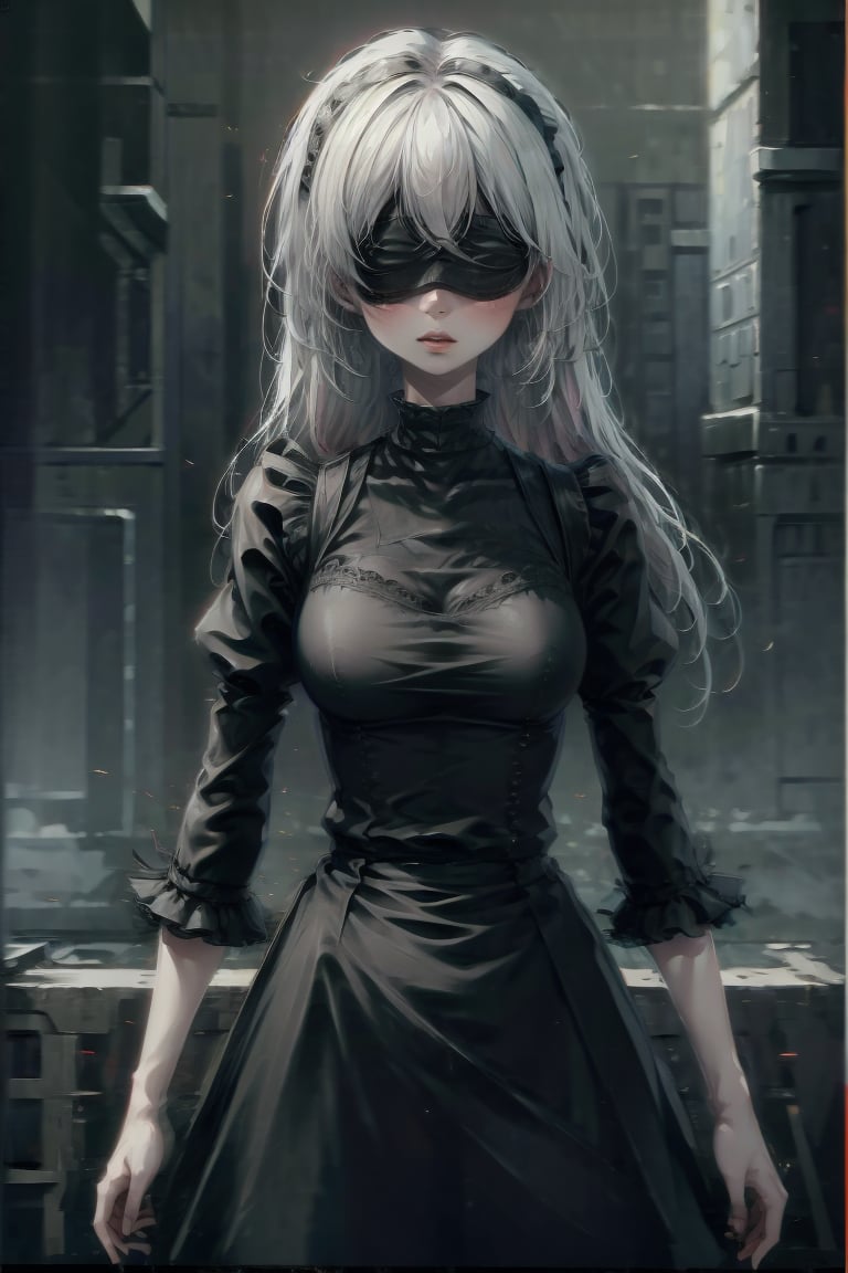 female, ((masterpiece, best quality, ultra detailed, absurdres):1.5), 1girl, bangs,beautiful,skirt,hehe, long hair,, maid_dress,orange eyes,2Bnier, white hair, blindfold