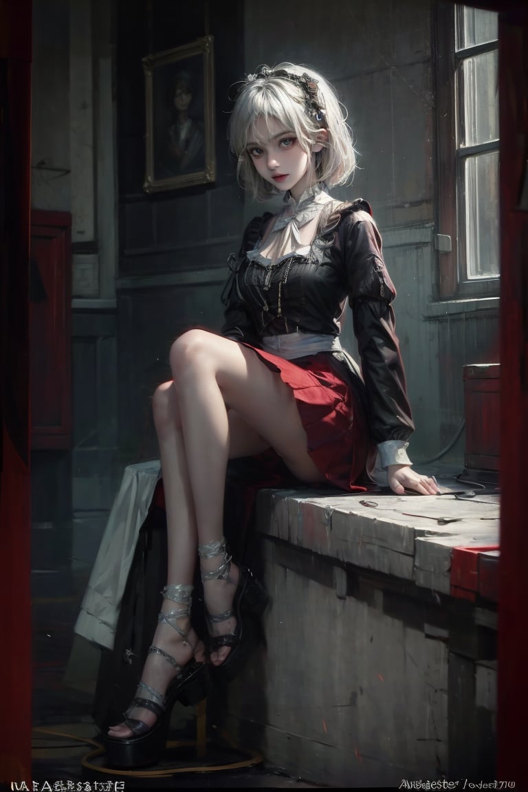 female, ((masterpiece, best quality, ultra detailed, absurdres):1.5), 1girl, bangs,beautiful,skirt, full moon, village,demonictech, white hair, evil, maid_costume, bare legs,hehe