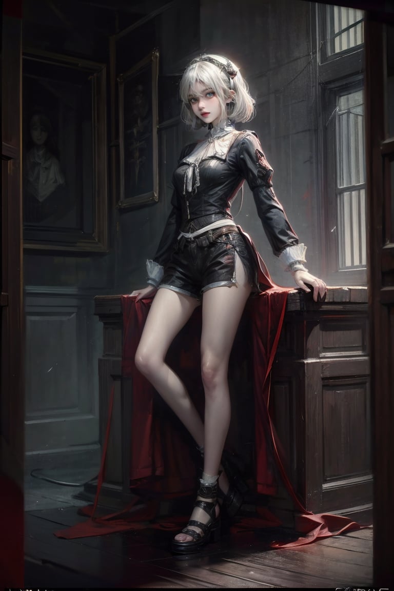 female, ((masterpiece, best quality, ultra detailed, absurdres):1.5), 1girl, bangs,beautiful,skirt, full moon, village,demonictech, white hair, evil, maid_costume, bare legs,hehe,shorts