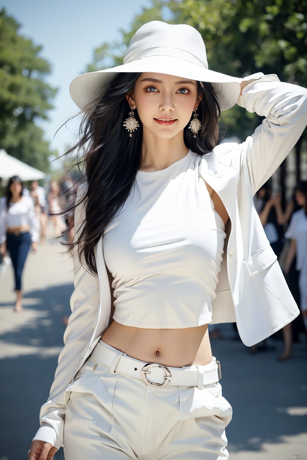  navel, jewelry, long hair, pants, looking at viewer, earrings, midriff, smile, 1girl, blurry, white pants, blurry background, arm behind head, blue eyes, crop top, cowboy shot, belt, solo focus, blush, arm up, long sleeves, white hair, shirt, bangs, closed mouth, breasts, depth of field, white jacket, jacket, solo, stomach, standing, white shirt, mtianmei