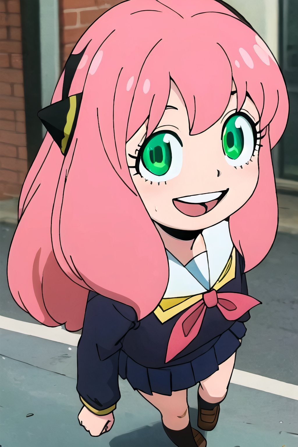 1girl, pink hair, green eyes, curly hair, happy, school uniform, walking, street, head shot 