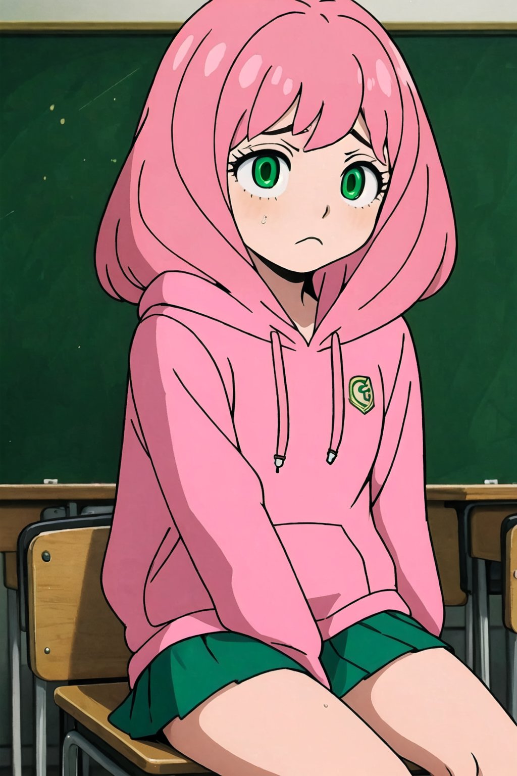 Best quality, masterpiece, best quality, 1girl, pink hair, green eyes, curly hair, sad, hoodie, sitting, classroom, head shot 