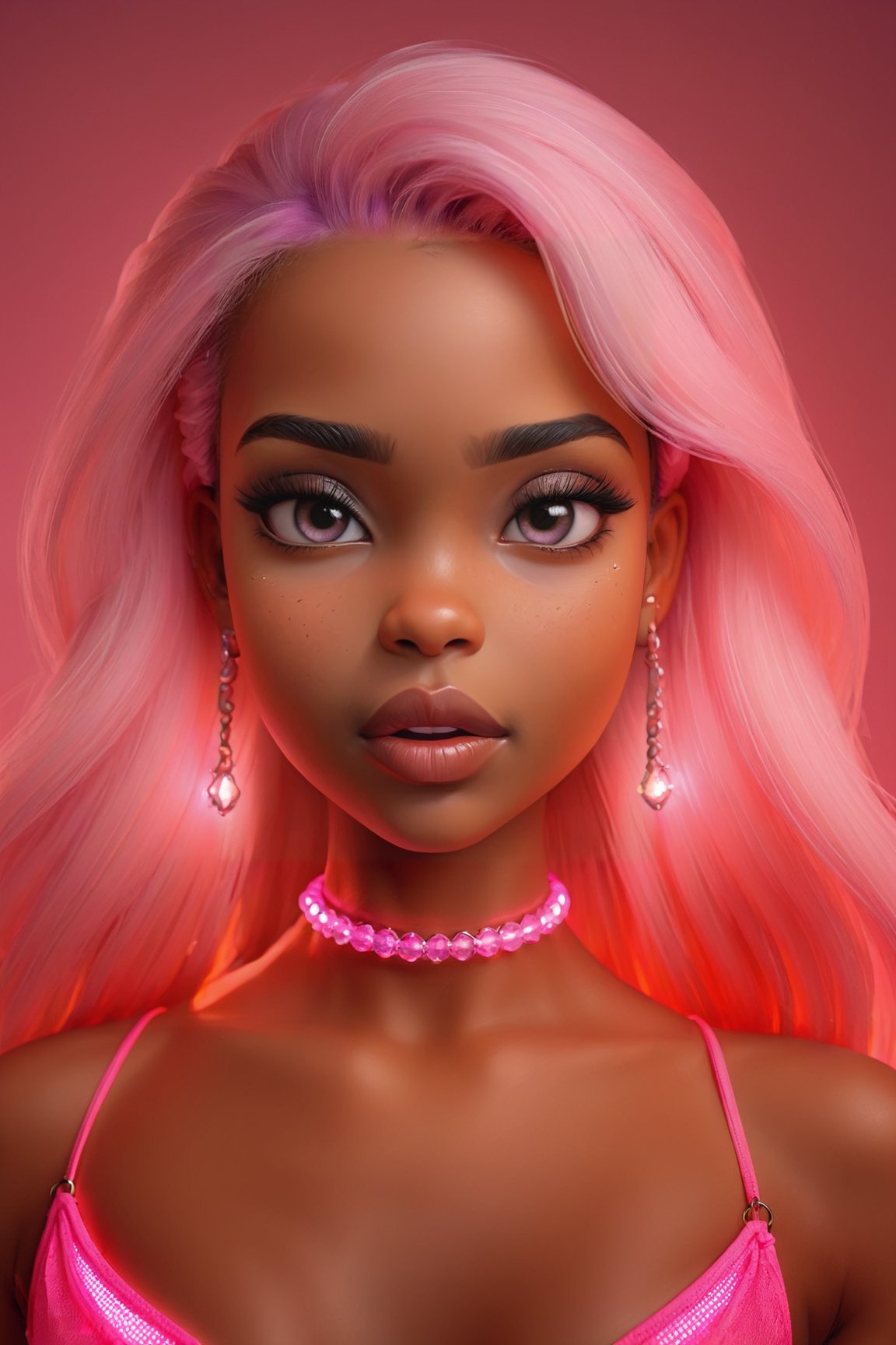 jewelry, waist shot, background glow and haze, tanned skin, girl, piercings, pink neon body lighting, portrait 