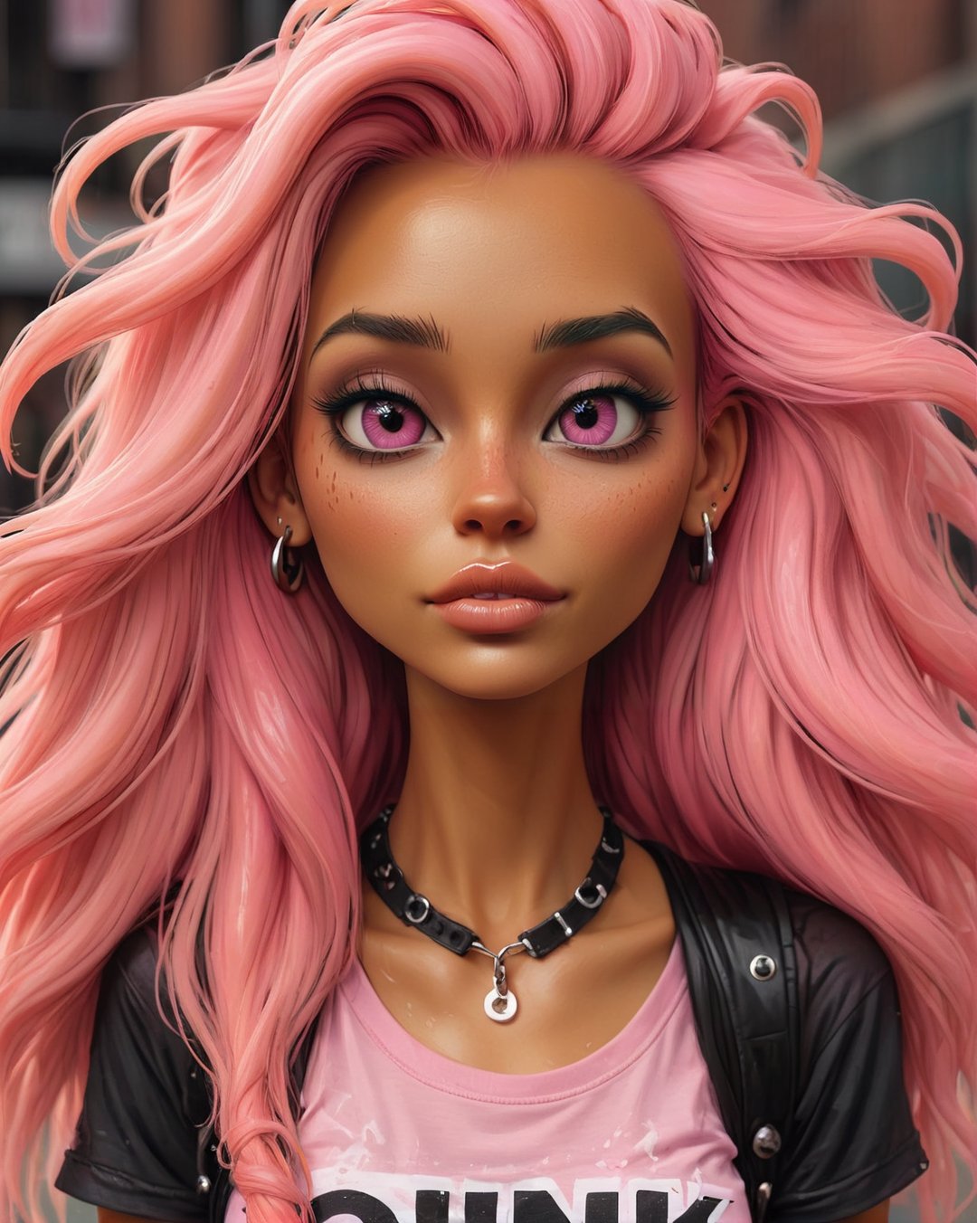 (1girl), medium breasts, tan, dewy skin, sweaty skin, wavy pink long hair, punk tshirt, punk girl, ,SAM YANG,samdoesart,goth person