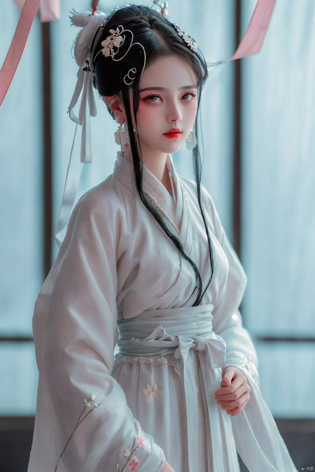  Realistic: 1.3, Masterpiece, Highest Quality, High Resolution, Details: 1.2, 1 Girl, Bun, Hairpin, Beautiful Face, Delicate Eyes, Tassel Earrings, Necklaces, Bracelets, Hanfu, Su Embroidered Hanfu, Streamers, Ribbons, Elegant Stand Posture, Aesthetics, Movie Lighting, Ray Tracing, Depth of Field, Layering,Fluttering, Hanfu, qingsha