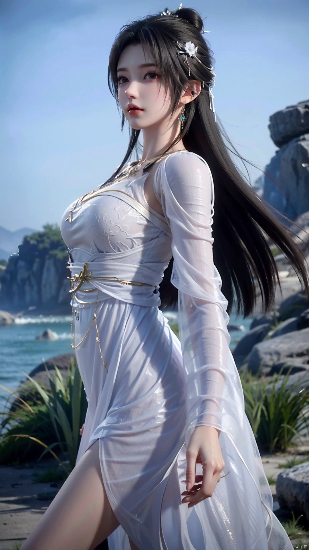  masterpiece,best quality,1girl, long hair, dress, black hair, jewelry, white dress, solo, facial mark, hair ornament, necklace, hair bun, forehead mark, earrings, cowboy shot, dynamic pose, dynamic angle,