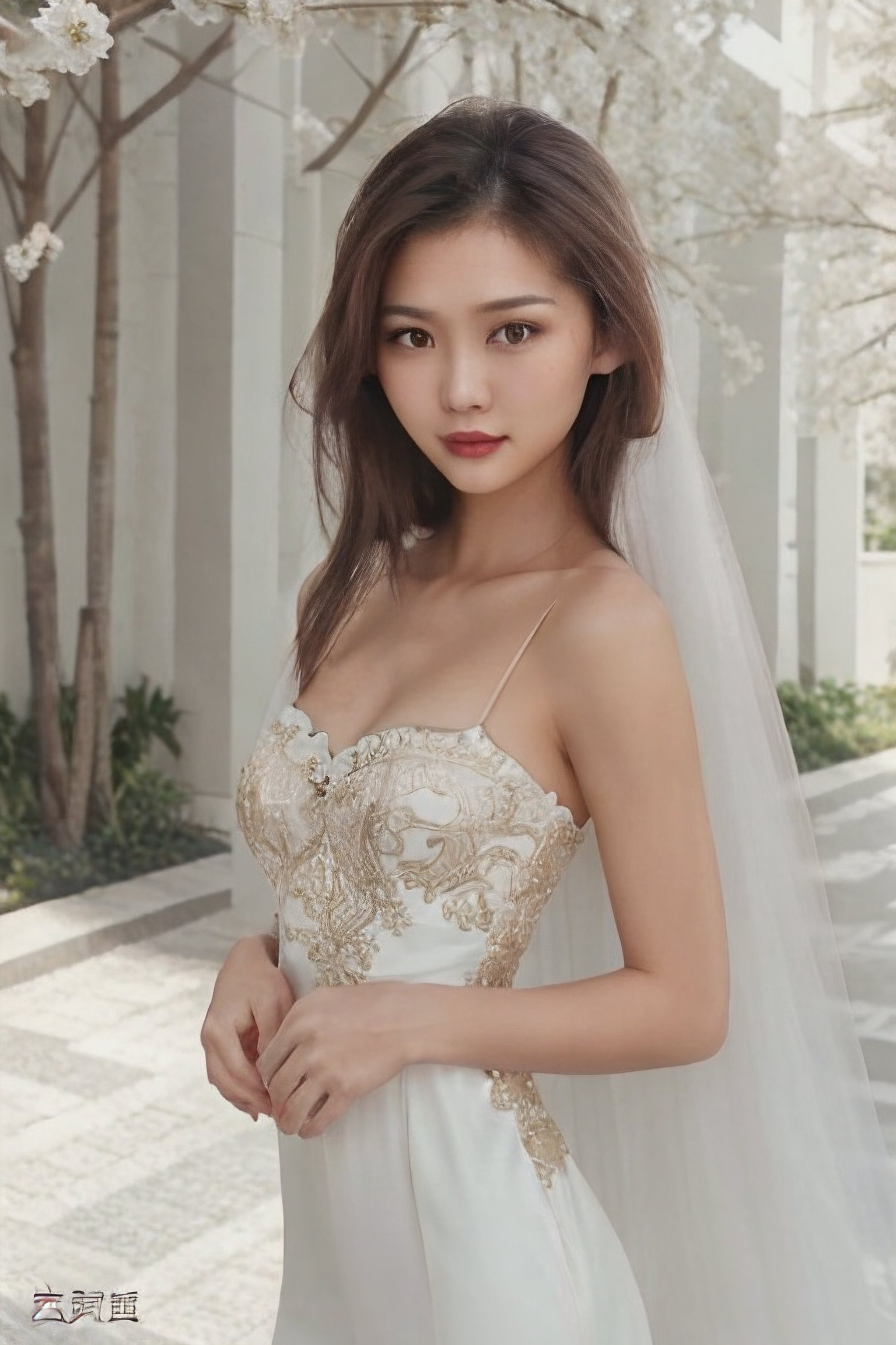 igirl, beautiful chinese woman, wedding gown ensemble, white and gold wedding dress, spring setting, posing for photographs. best quality, amazing quality, sexy pose, very aesthetic, close up, (petite), (small breasts), insanely detailed eyes, insanely detailed face, insanely detaled lips, perfect hands, perfect hair, insanely detailed skin, brown hair,