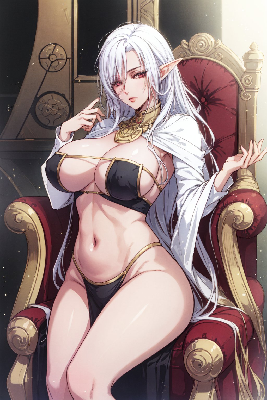 8k, (absurdres, highres, ultra detailed), female ( black skin elf), Big boobs:1.2, curvy, sexy, (pharaoh:1.2), ancient_egypt, perfect hand, perfect fingers, perfect body, full height, big breasts, wide hips, purple eyes, platinum long hair, magician, exposed nipples and pussy, Lying on the throne, (long wavy hair:1.3), very long hair, ,MALE,EyepatchBikiniDef